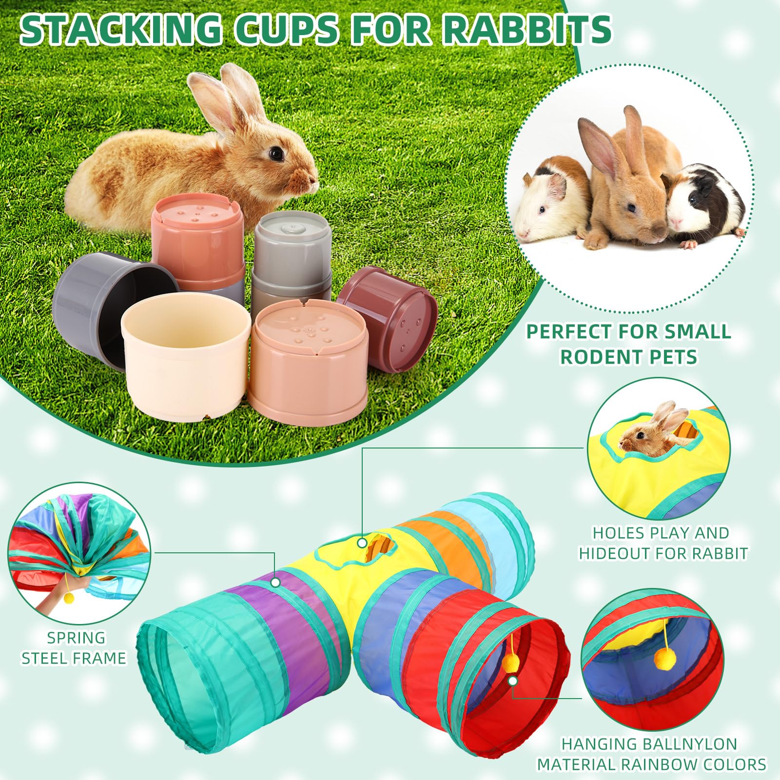 Kit iniziale per conigli, 34 pezzi, per lettiera per conigli, piccole bottiglie d'acqua, tazze impilabili, tunnel per coniglietti, kit per la toelettatura degli animali, coperte con set di