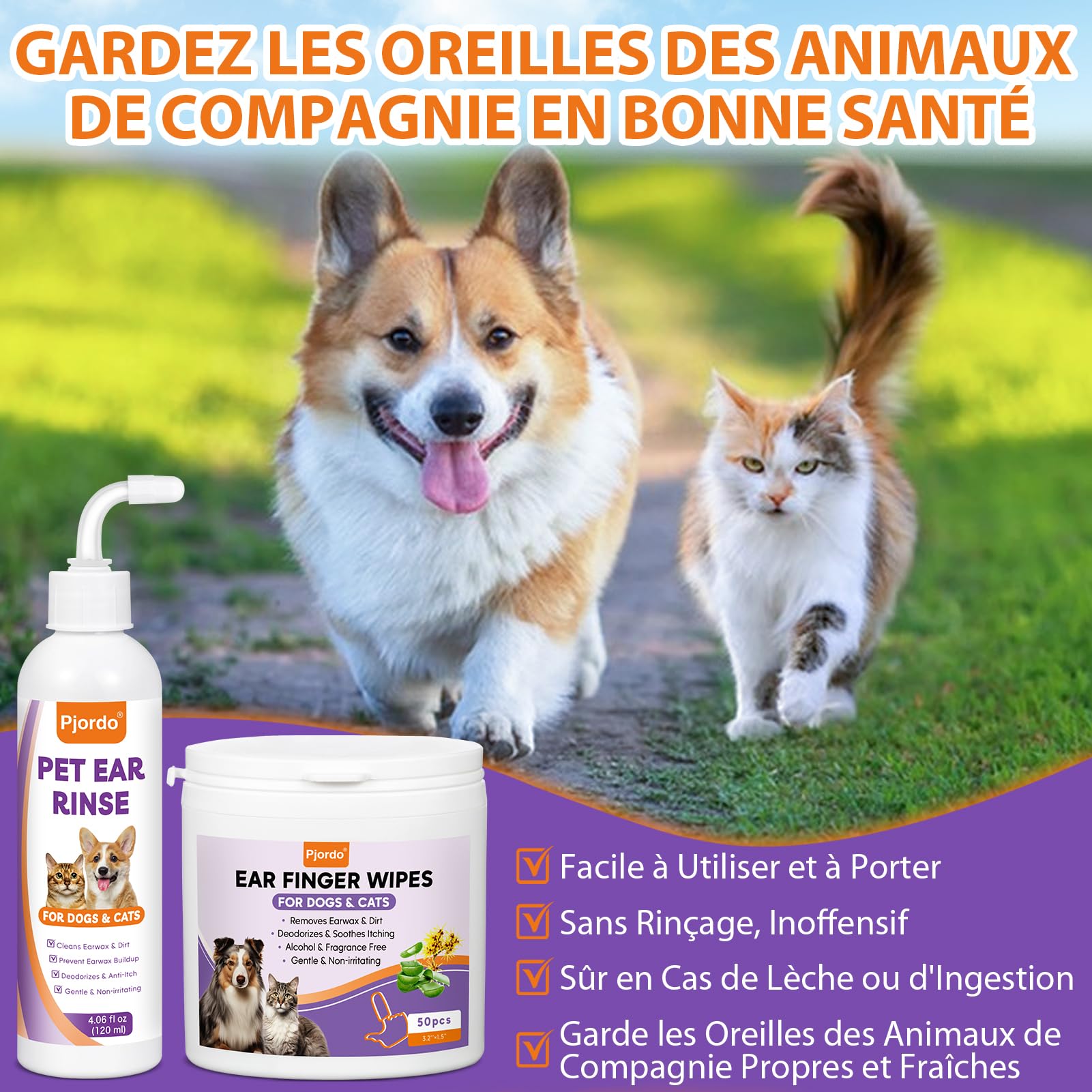 Kit de nettoyant pour oreilles de chien Pjordo - Nettoyant pour oreilles de chien avec aloe vera et hamamélis, lingettes pour doigts pour oreilles de chien et solution nettoyante pour oreilles pour