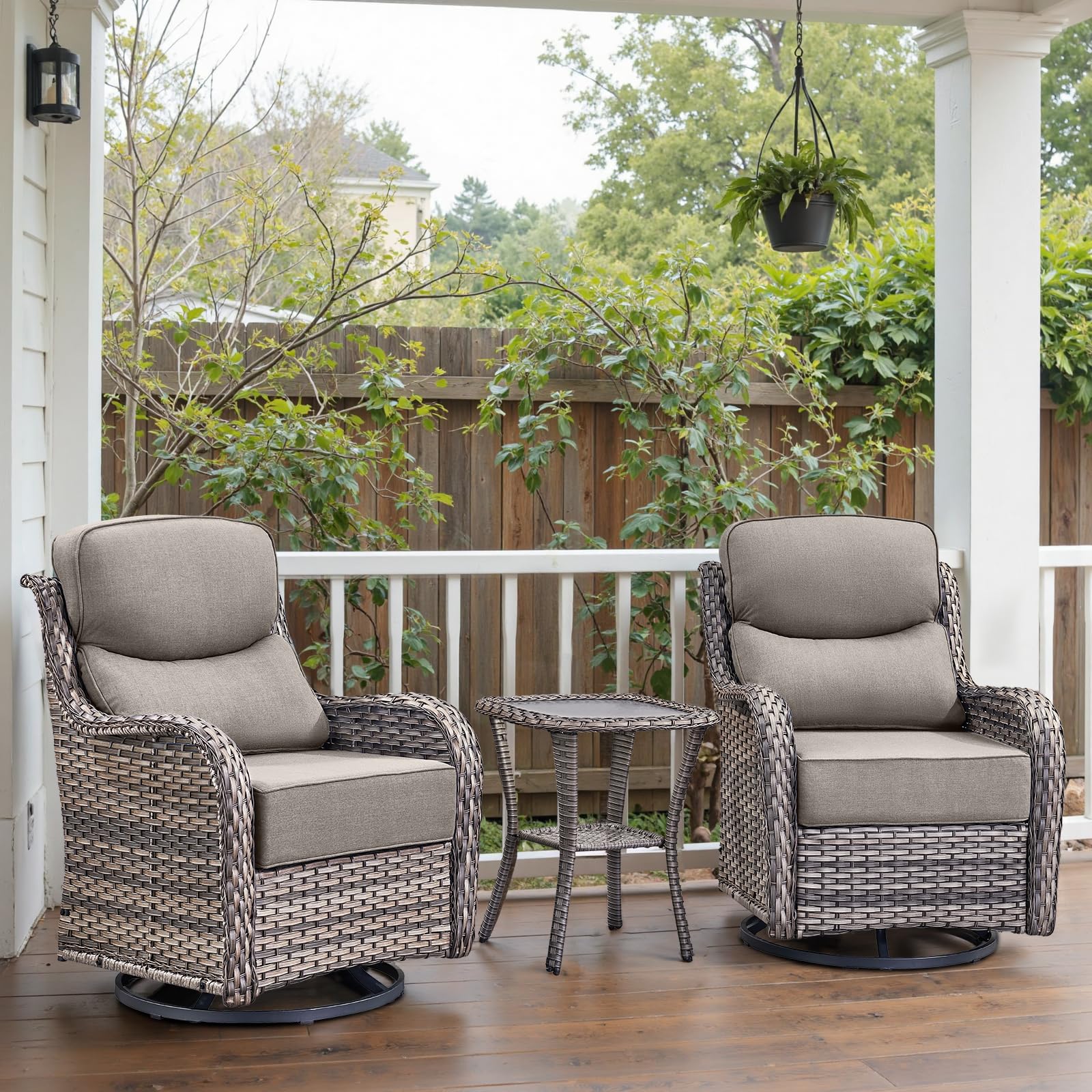 Bellefurn Swivel Patio Chairs Set of 3 with 6" Thick Cushion - Wicker Outdoor Swivel Rocker Patio Chairs with Side Table, High Back Comfortable