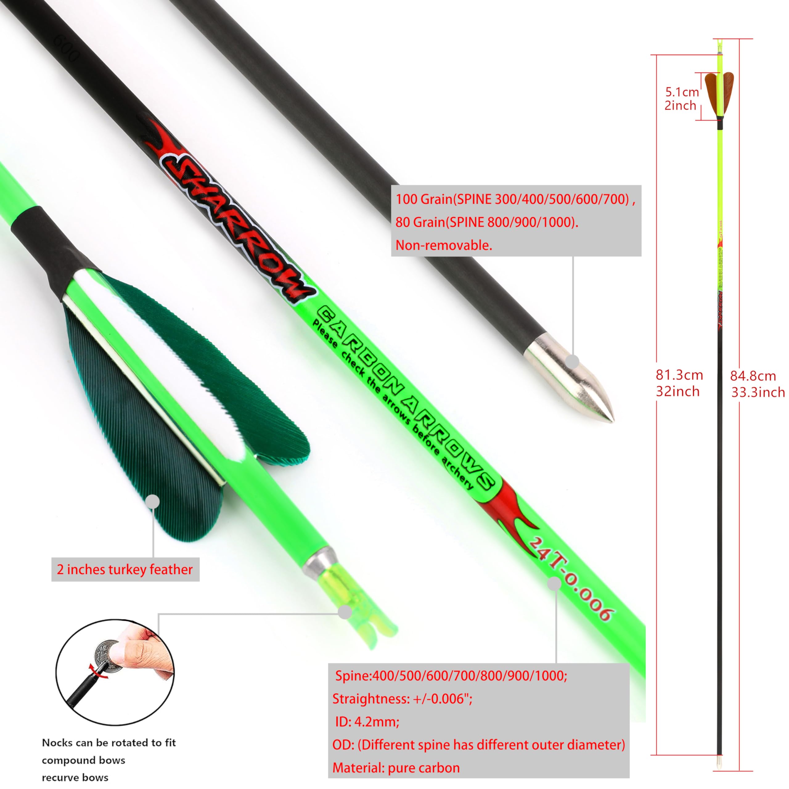 32-Zoll-Pfeile aus reinem Carbon für die Jagd, Genauigkeit ID 4,2 mm, Spine 400/500/600/700/800/900/1000 für das Training mit Compound-/Recurvebögen (6 Stück, 2 Braun 1 Gelb, Spine 1000)