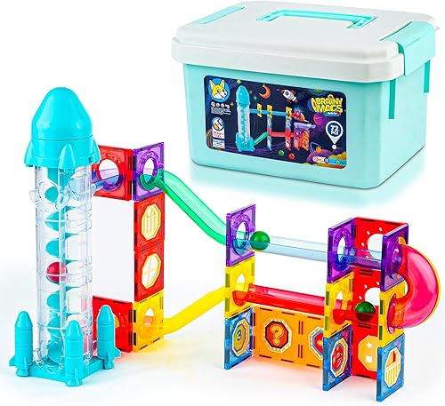 Play Brainy Carrera magnética de mármol para niños de 3 años en adelante, 72 piezas con elevador de cohetes, juguetes magnéticos con temática