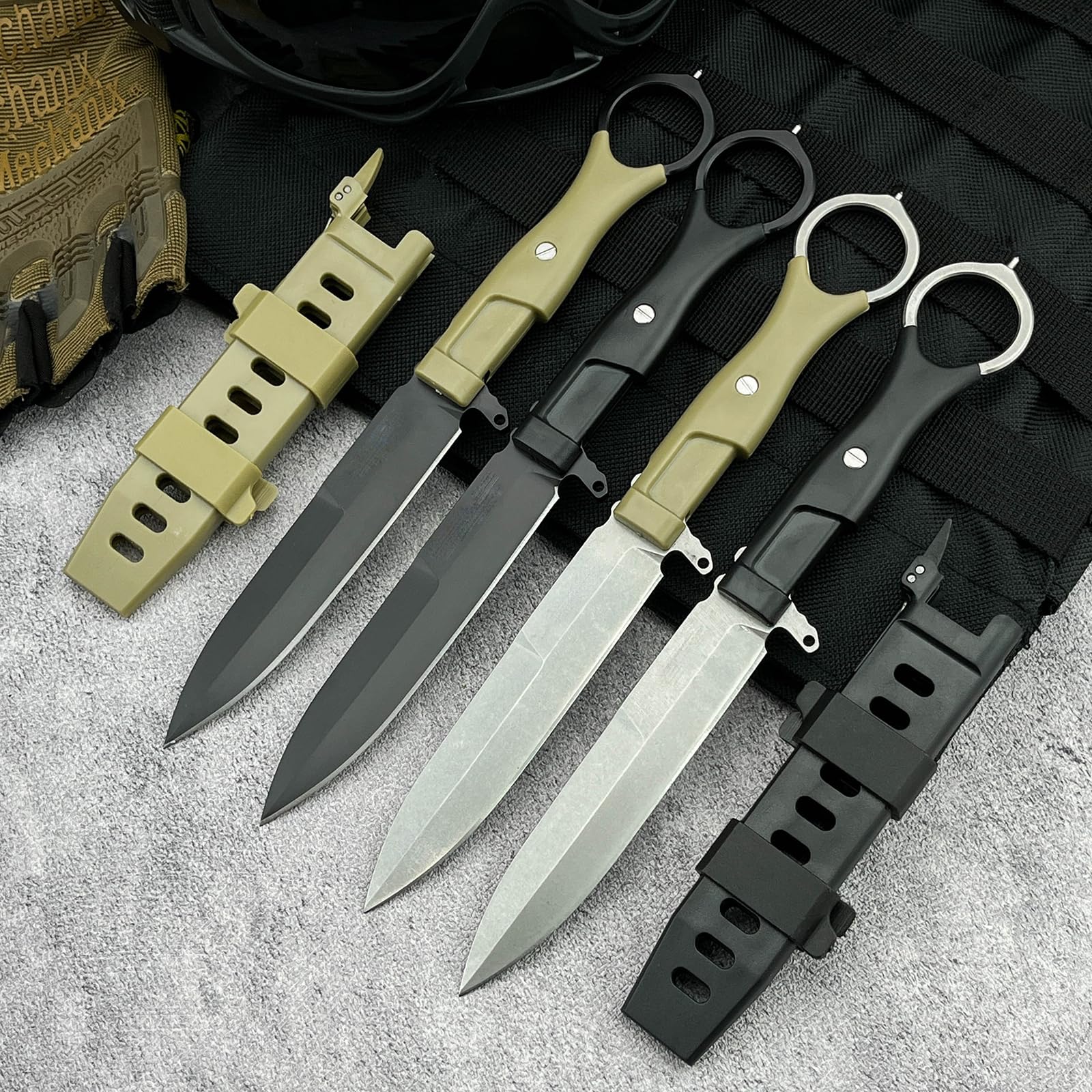 Outdoor Messer Survival mit Scheide, Nylonfaser Griff und 8Cr13Mov Stahl Klinge, Feststehendes Messer mit Full-Tang Design,Geschenk für Männer(Schwarzes Griffstück, schwarze Klinge)