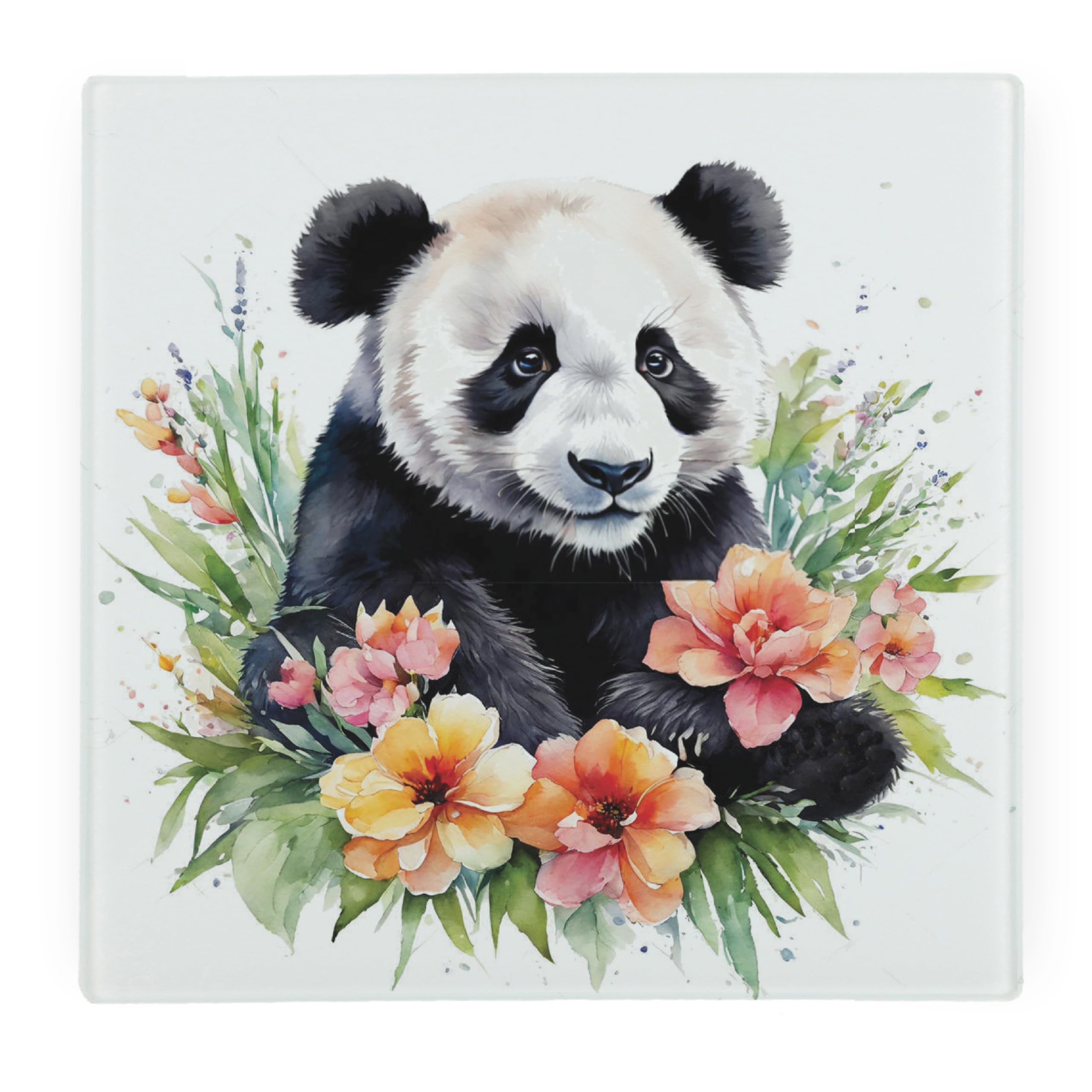 Floral Panda Large Square Glass Worktop Protector - Exotic Animals & Flowers Nature Wildlife Gifts - Smooth Kitchen Chopping/Cutting Board Worktop Saver with Non-Slip Feet 30cm x 30cm (12" x 12")