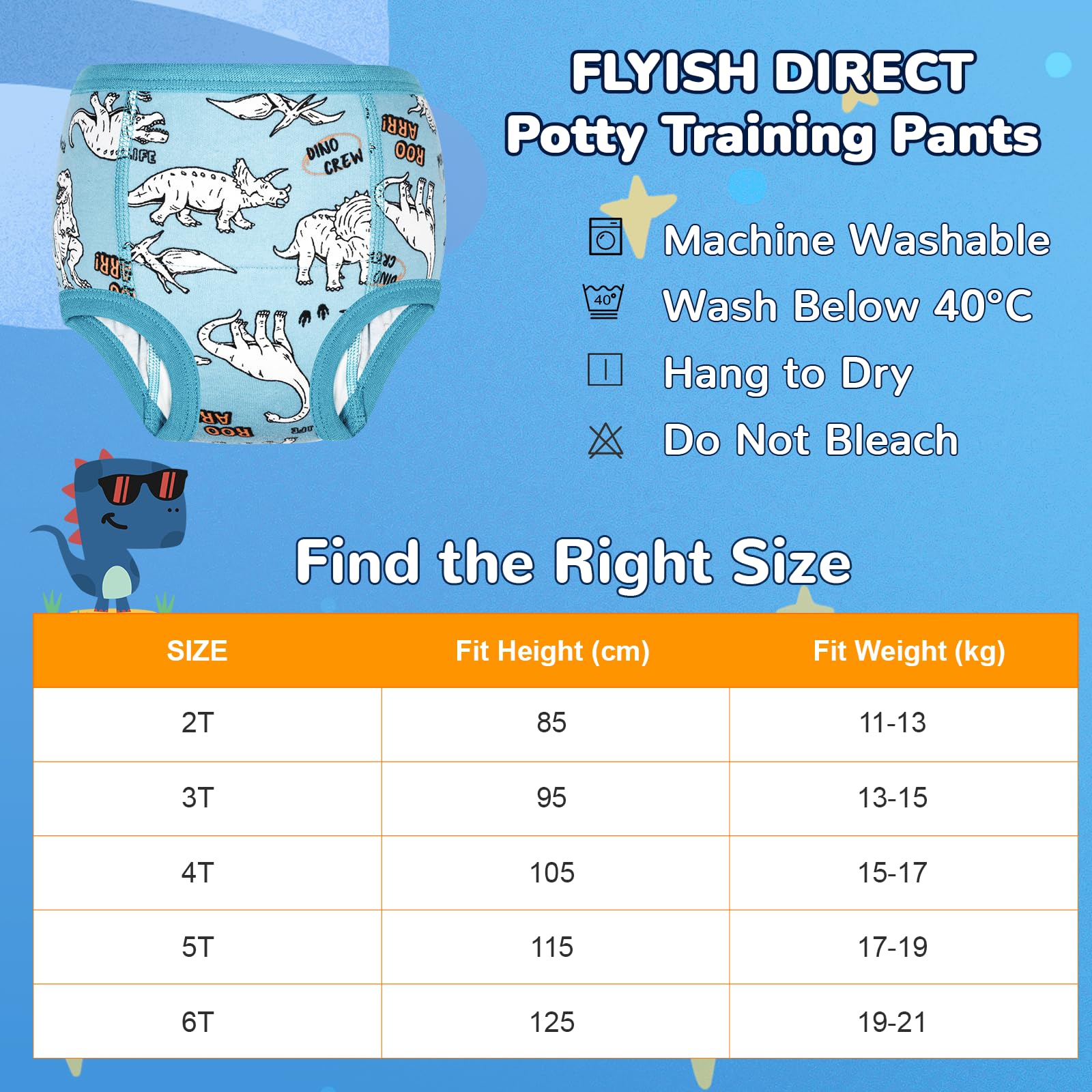 FLYISH DIRECT Culottes Apprentissage 100% Coton, Lot de 10 slip d apprentissage pour Garçons et Filles, Culotte Absorbants Enfant, Réutilisables et Lavables, Mélange Dinos et Véhicules, 3 ans