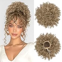 Vista 20 de PEACOCO Extension de Moño Despeinado Corto y Rizado con Cordones Elásticos, Piezas de Cabello Sueltas para Mujeres con Cabello Fino, Fibra Sintética