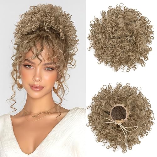 Miniatura 20 de PEACOCO Extension de Moño Despeinado Corto y Rizado con Cordones Elásticos, Piezas de Cabello Sueltas para Mujeres con Cabello Fino, Fibra Sintética