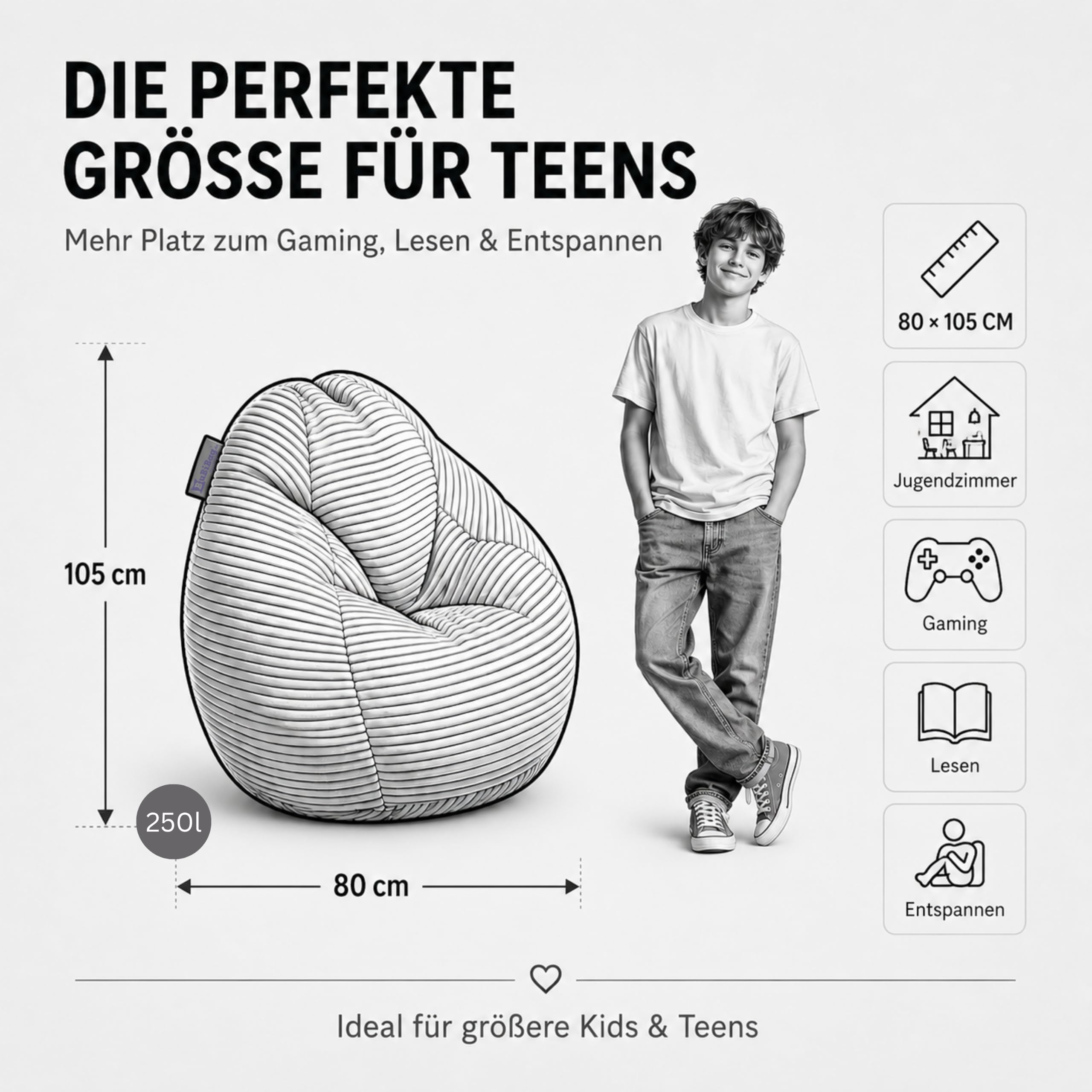 BuBiBag Sitzsack Cord fertig befüllt Öko-Tex X-Large 80x105 cm Indoor Gaming Sessel Bean Bag für Jugendliche & Erwachsene Olive