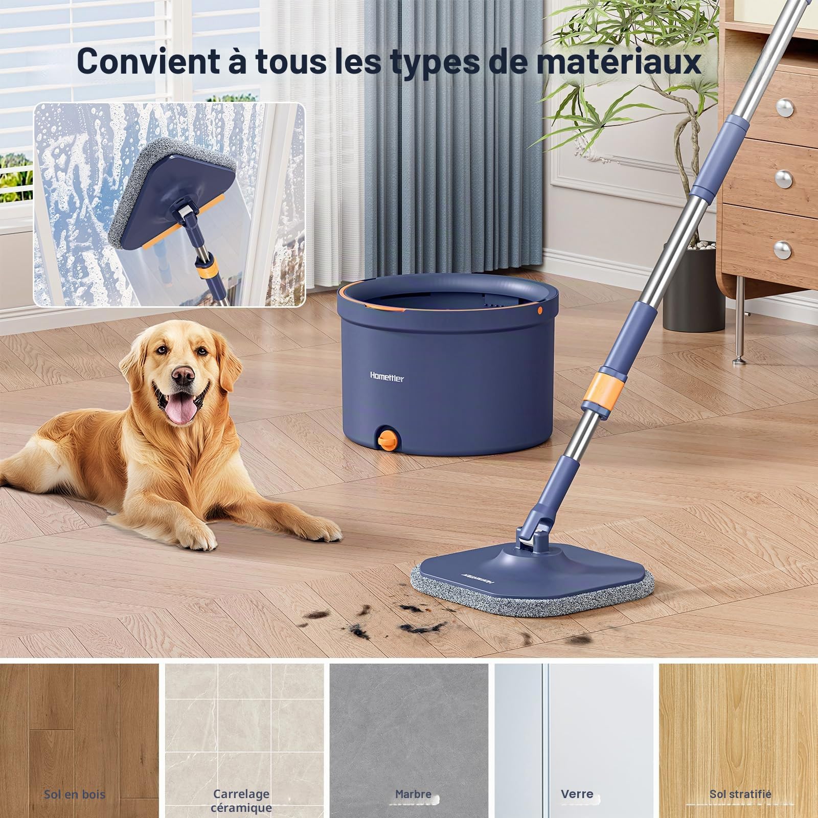 132cm Balai Serpillère avec Seau Essoreur, 2 en 1 Système de Filtre Ssépare la Saleté de l'eau Douce, Serpillere Microfibre pour Sol Fenêtre, Mop Vadrouille de Nettoyage avec 4 Tampons