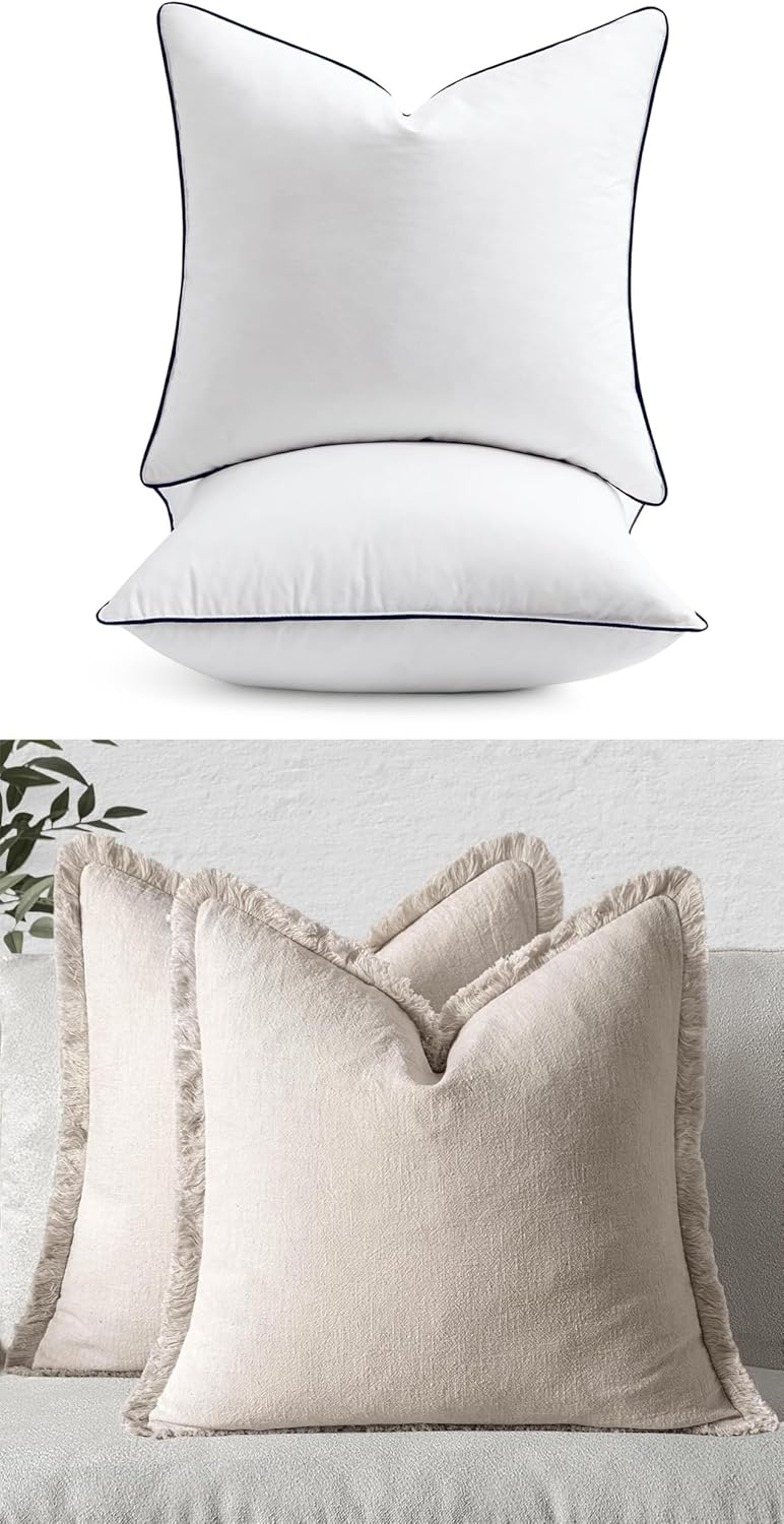 MIULEE 22x22 Goose Feather Down Pillow Insert Set of 2 with 100% Down-Proof Cotton Cover White Bundle Linen Fringe Throw Pillow Covers Neutral