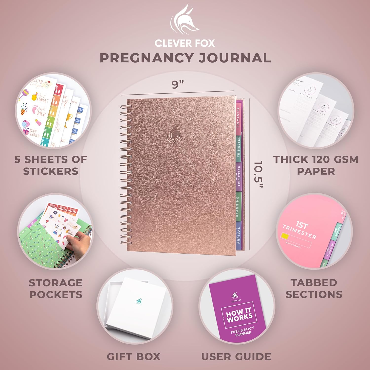 Clever Fox Pregnancy Journal & Memory Book - Pregnancy Planner & Notebook for Expecting Moms – Baby Keepsake, First Time Moms Gift (Rose Gold, 9" x 10.5")