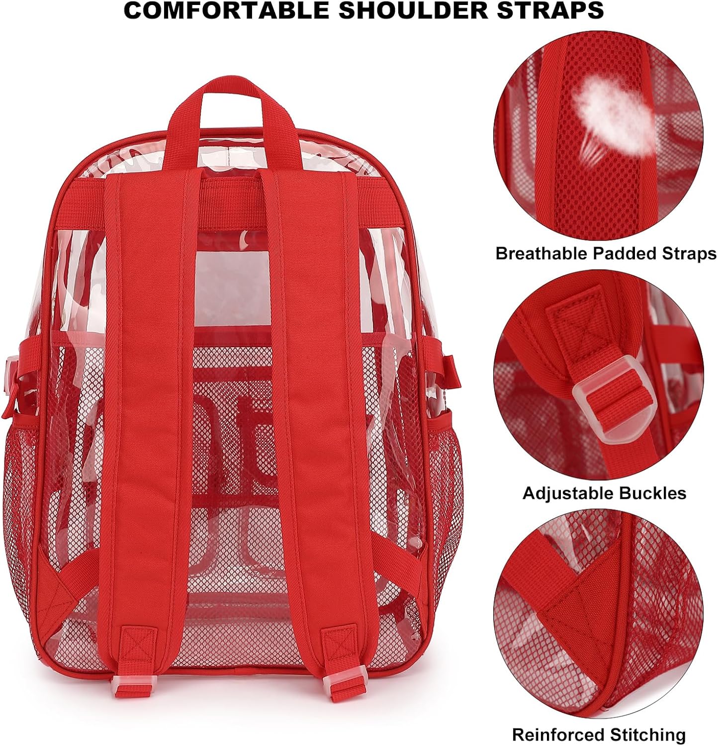Clear Backpack Heavy Duty Transparent Backpacks Stadium Approved for School Work Sport Travel (Red) - Image 4