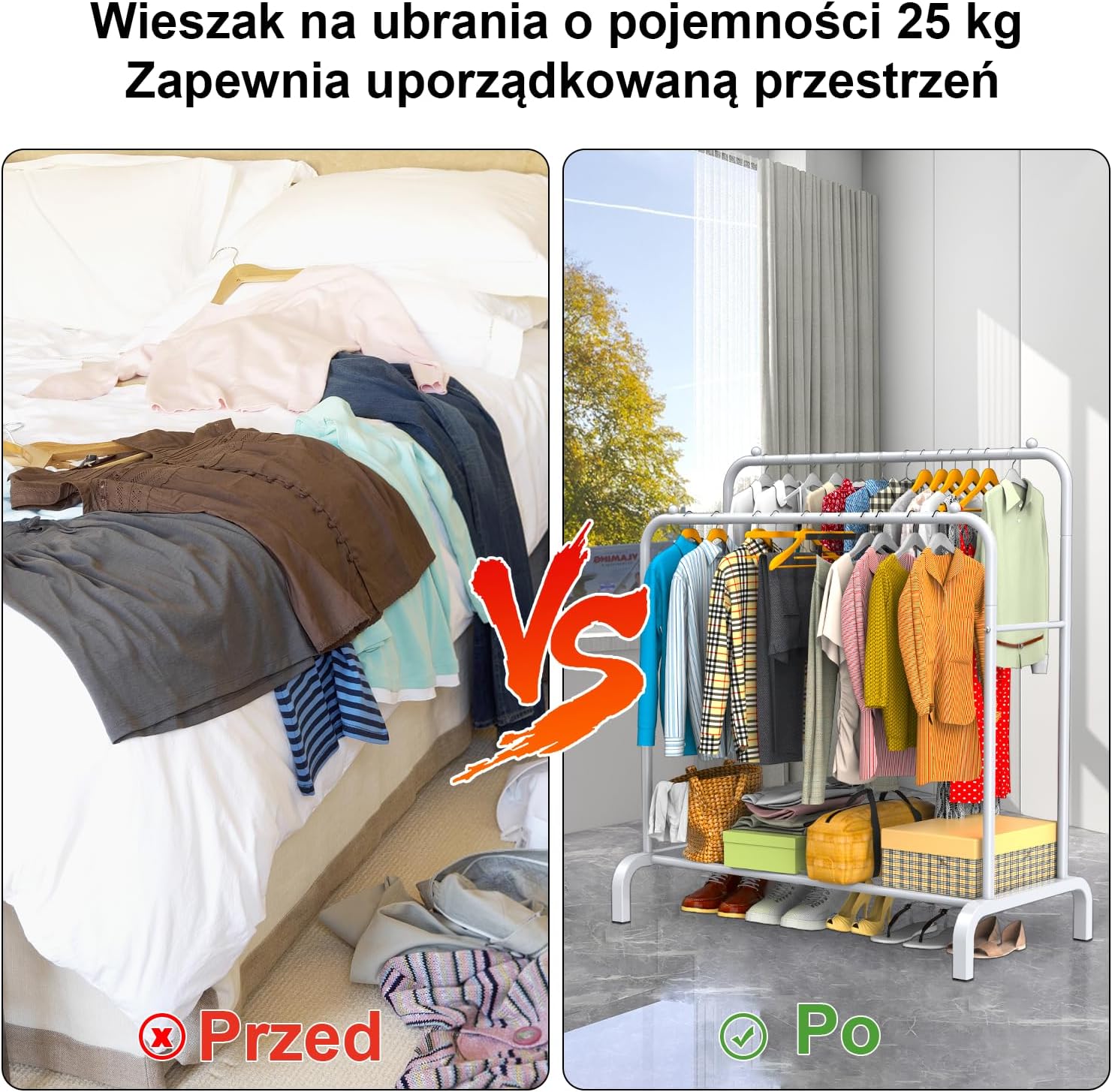 Comparación de antes y después que muestra una pila desordenada de ropa transformada en una exhibición organizada en el perchero.