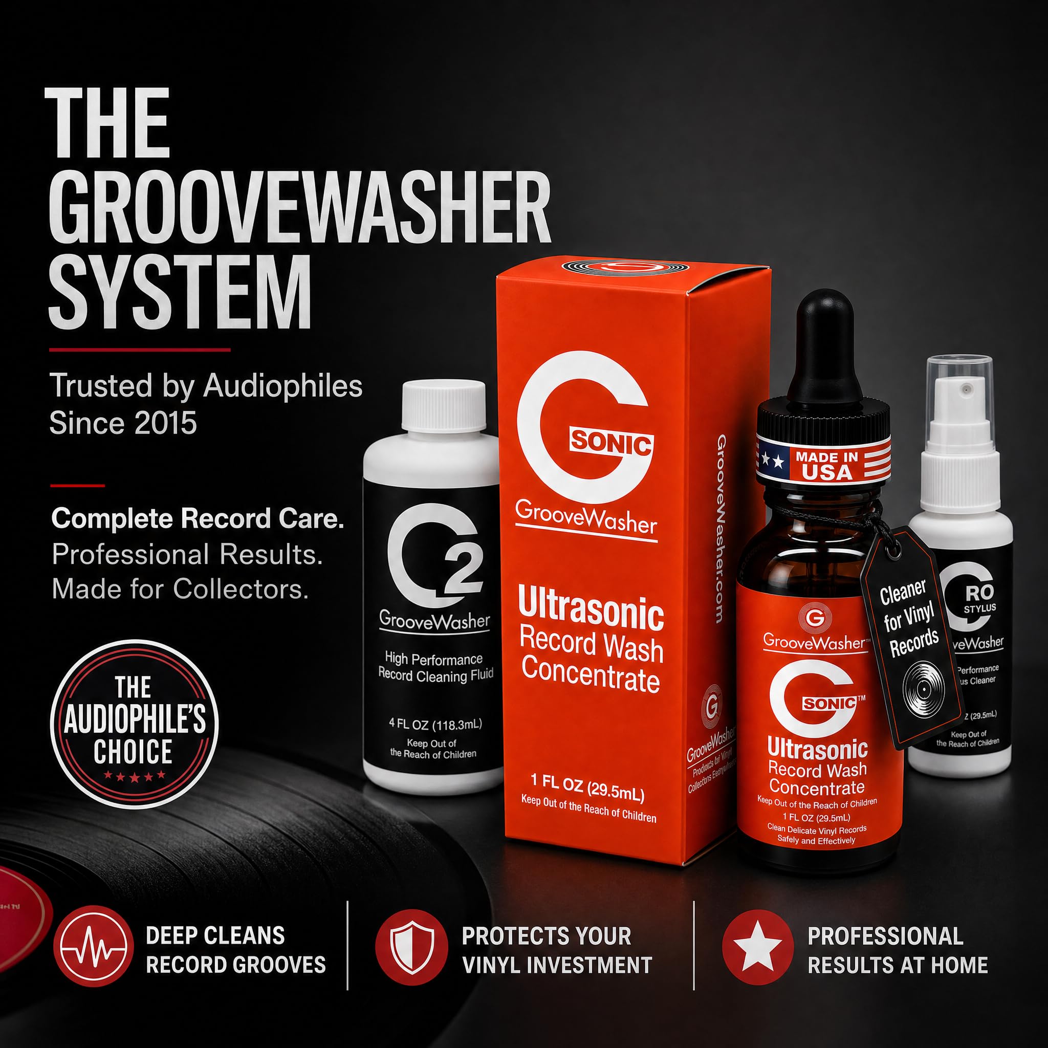 GrooveWasher G-Sonic - Detergente concentrato per dischi in vinile ad ultrasuoni, detergente professionale per dischi in vinile, compatibile con macchine per la pulizia dei dischi, detergente sicuro