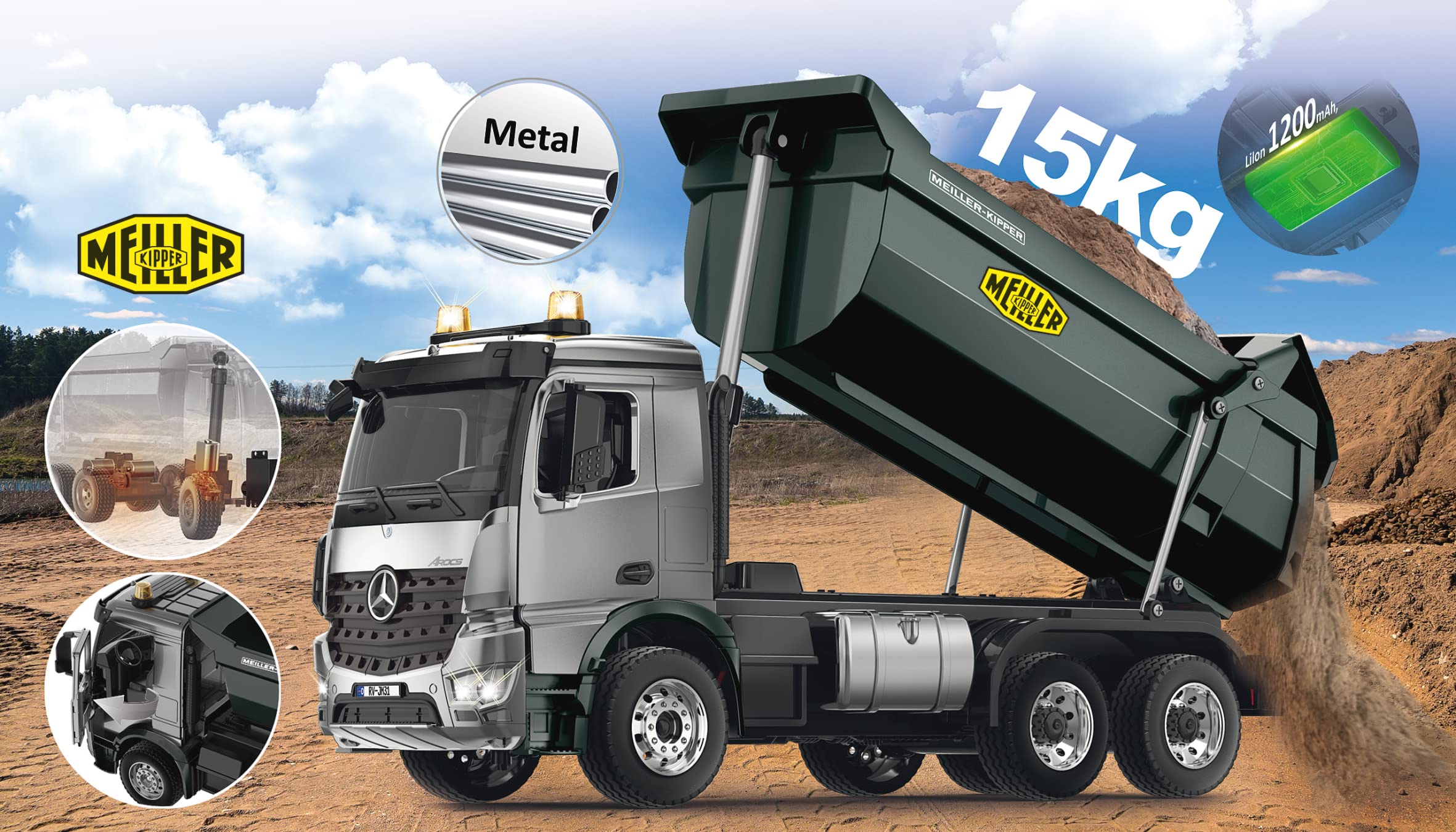 Muldenkipper Mercedes-Benz Arocs Metal Meiller 1:20 2,4GHz – Hubkraft 15KG, Metallgetriebe, Metallmulde, 4 Radantrieb, Fahrwerksfederung, Gummireifen, LED Licht / Signallichter