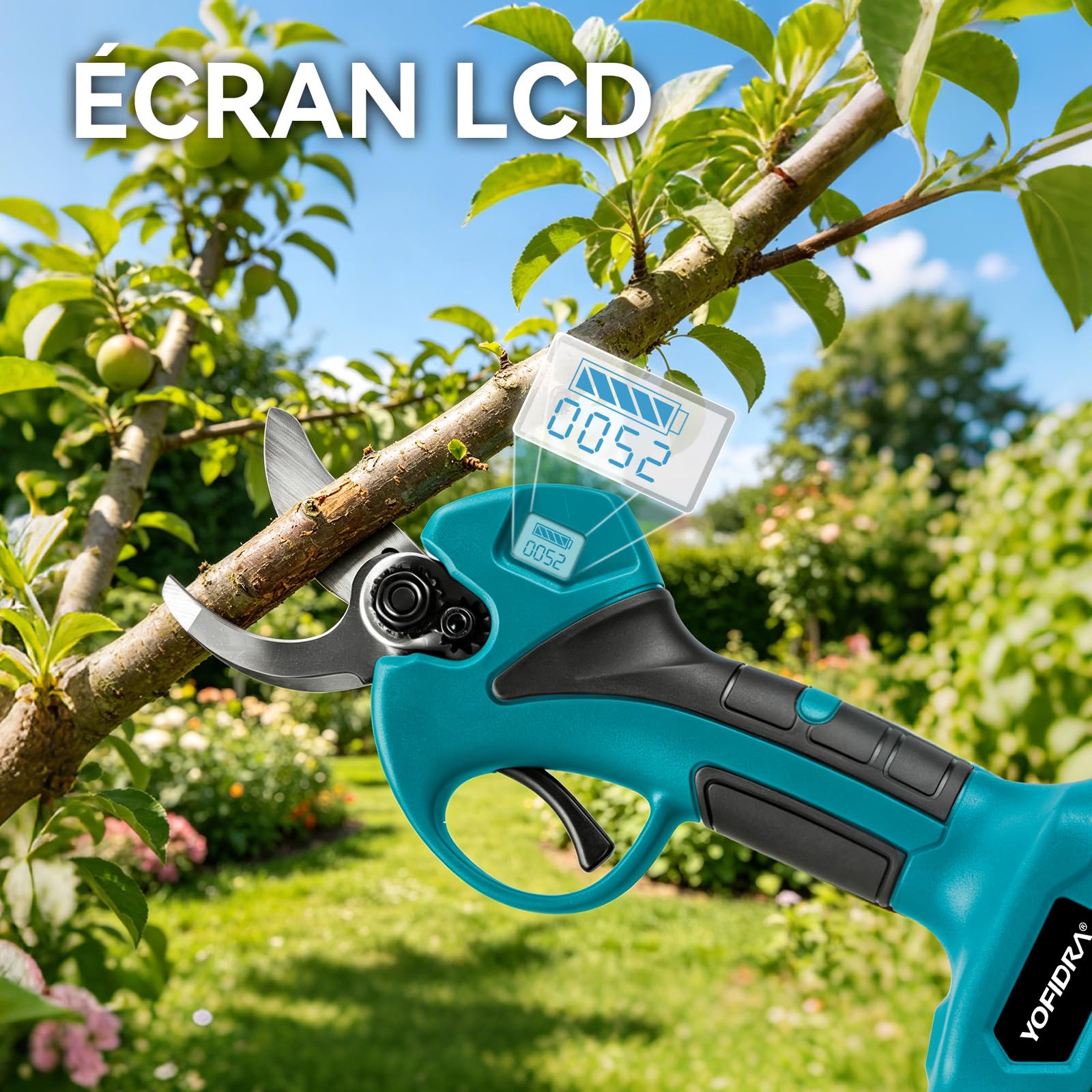 Yofidra 2-in-1 Akku Hochentaster, 30mm Elektrische Astschere Teleskopstiel mit 2 x 3000mAh Akku, 300W Bürstenloser Motor, LCD-Display, Max. Reichweite bis 4,2m, Gartenschere für Äste, Obstbaum