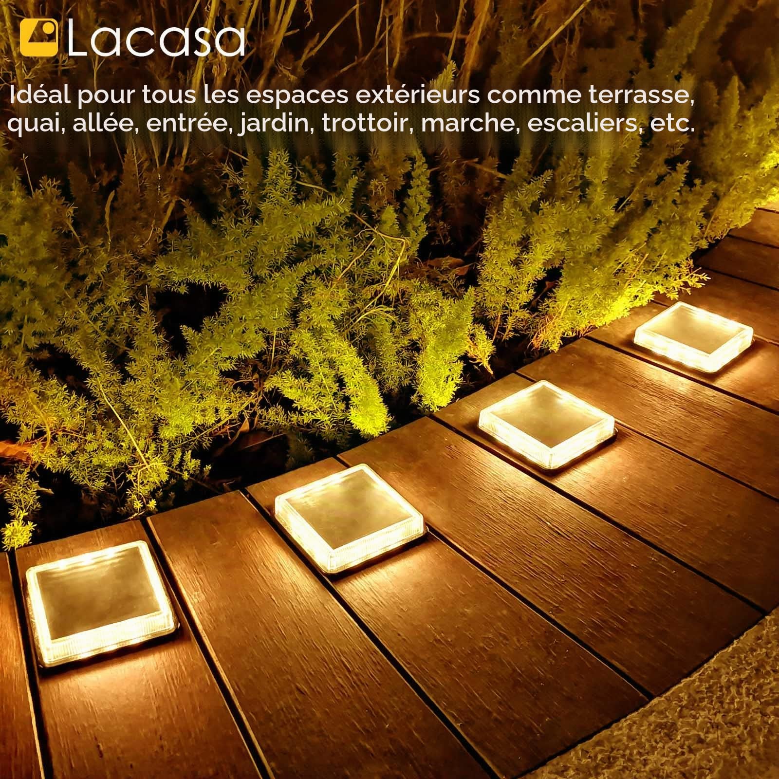 Lacasa 4pcs Lampe Solaire Extérieur Jardin Sol, Blanc Chaud 3000K 50LM LED Lumières de pont Solaires, Étanche IP68 Auto On/Off Éclairage pour Chemins Marches de Jardin Terrasse Escalier Allée Patio