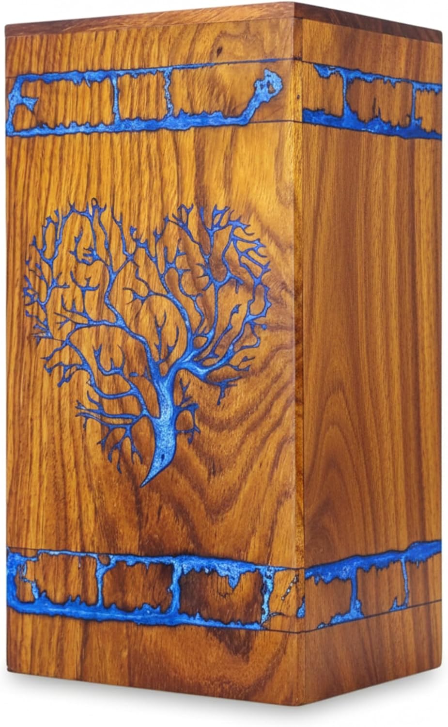 Wooden Cremation Urn Extra Large Size Adult Wood Box Capacity 250 lbs Ashes for a Man or Woman Ground Burial Home or Funeral Memorial Cremation for Ashes (Blue, Large, Tree of Life)