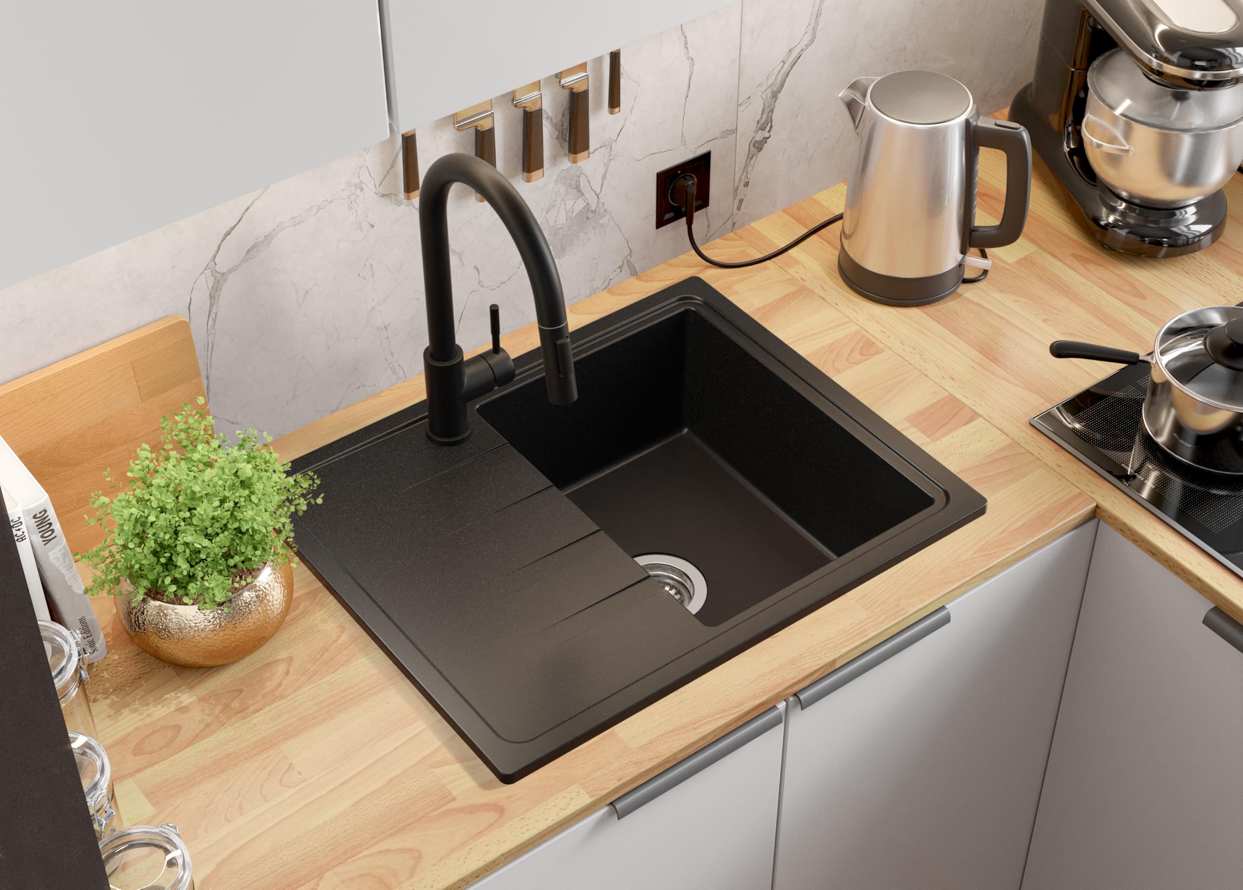 PRIMAGRAN Spülbecken Schwarz 62x50cm, Granitspüle 1 Becken + Ablauf-Set, Küchenspüle ab 40er Unterschrank - Mailand S001