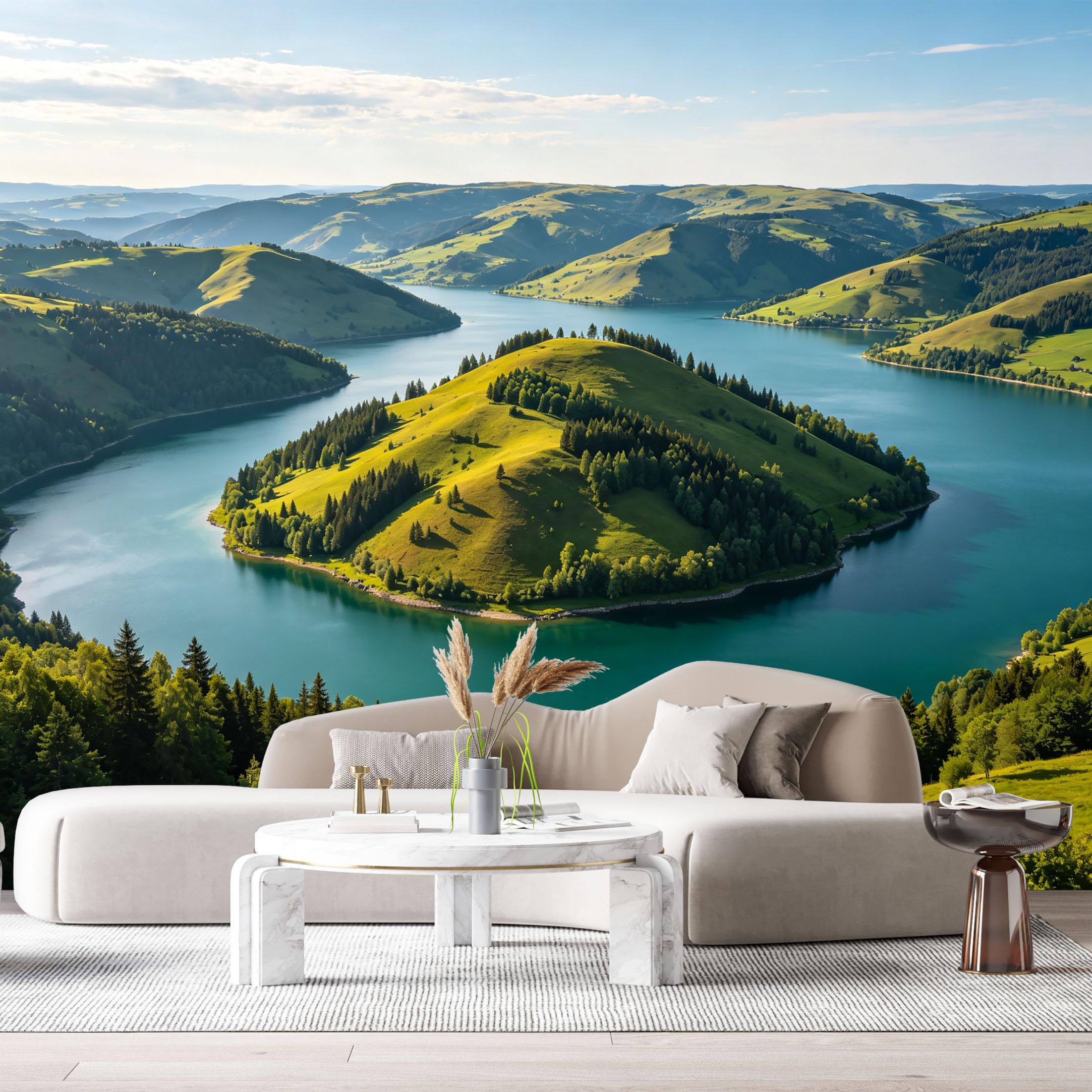 Custom Size Wall Murals Mountain Lake Landscape Panoramic Forest Hills Water Reflection SelfAdhesive Wall Fabric Removable Large Wallpaper for Photo Living Room