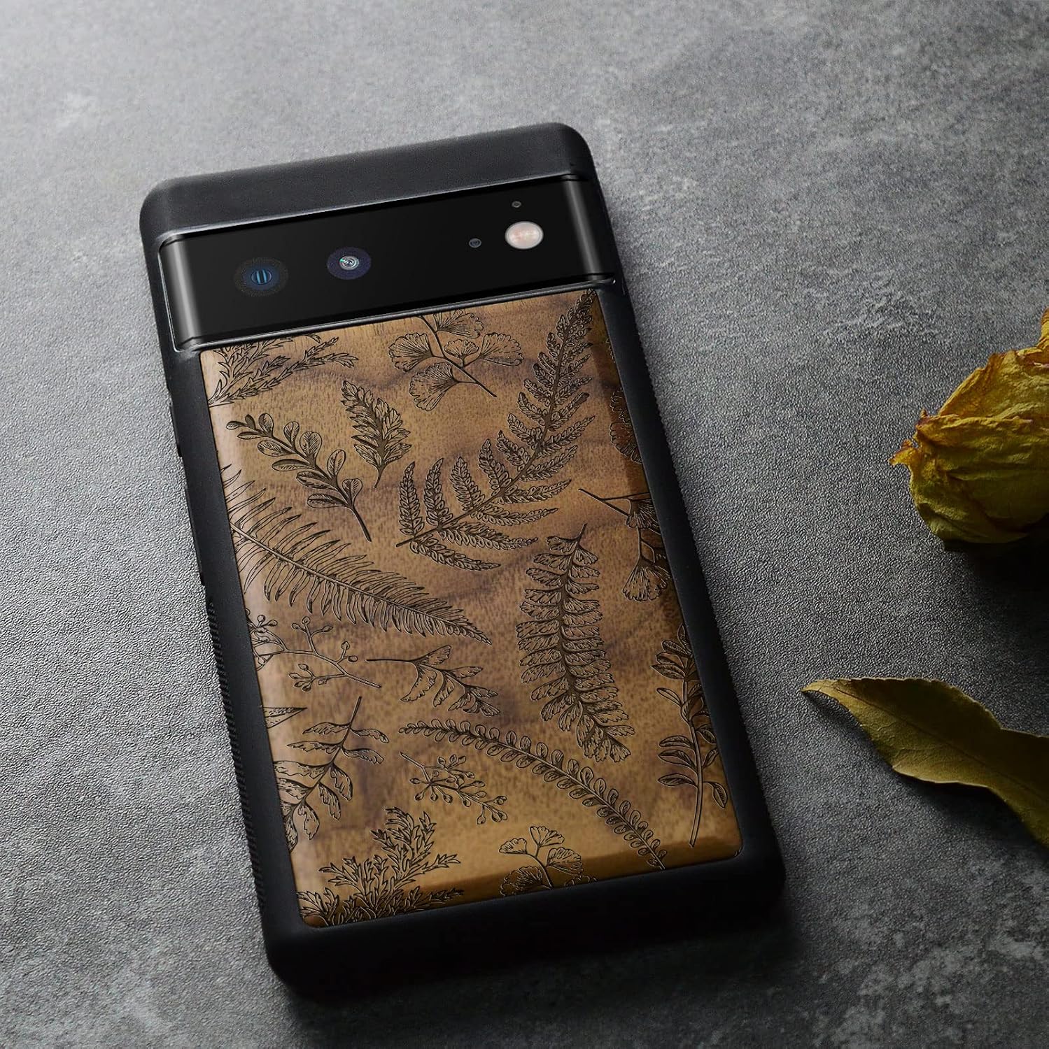 Carveit Wood Case for Pixel 6 Case [Natural Wood & Black Soft TPU] Shockproof Protective Unique Wooden Cover Compatible with Google Pixel 6 (Fern Leaves & Herbs-Walnut)