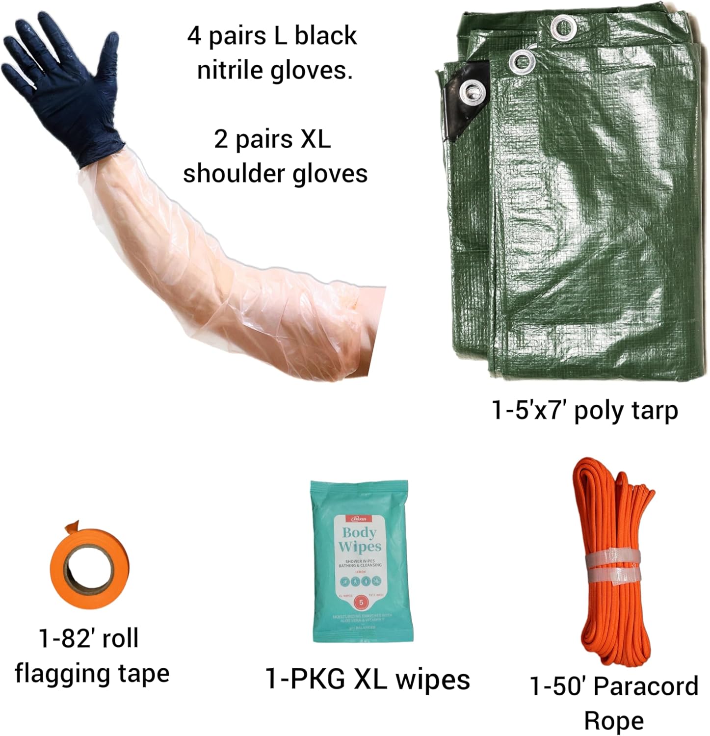 Field Dressing kit, Kill kit, Game Bags, tarp, Leak Proof Meat Bag, Paracord Rope, Nitrile Gloves, Shoulder Gloves, Flagging Tape, Large Cleaning Wipes, elk, Deer, Black