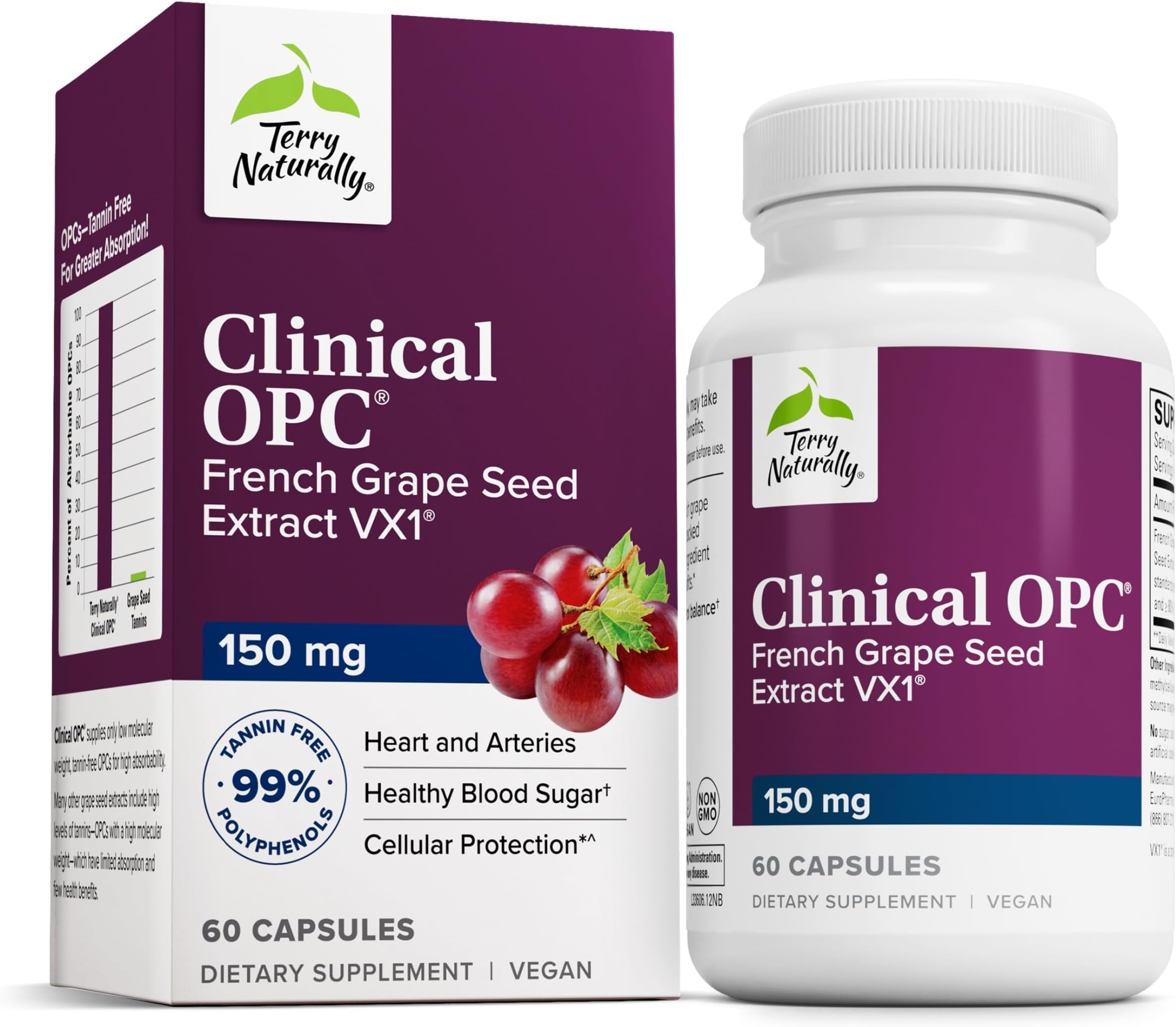 Terry Naturally Clinical OPC - Cardiovascular Health & Focus Support Supplement - Dietary Supplement with Grape Seed Extract & Sunflower Lecithin - Immune Support Supplement - 150 mg, 60 Softgels