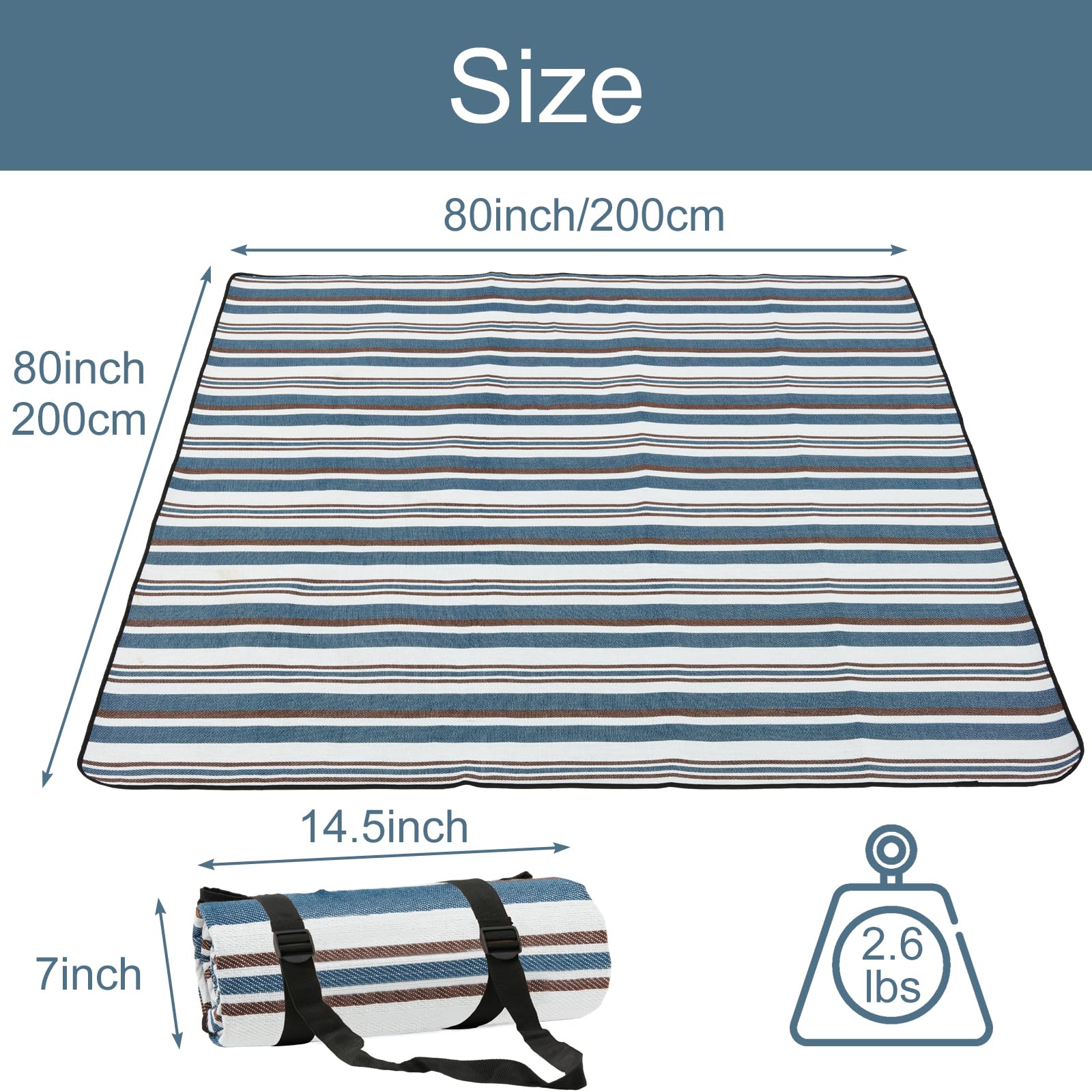 Grande couverture de pique-nique, 203,2 x 203,2 cm, tapis de plage pliable, résistant au sable, avec sangle et sac, couverture d'extérieur portable imperméable pour camping, stade, parc,