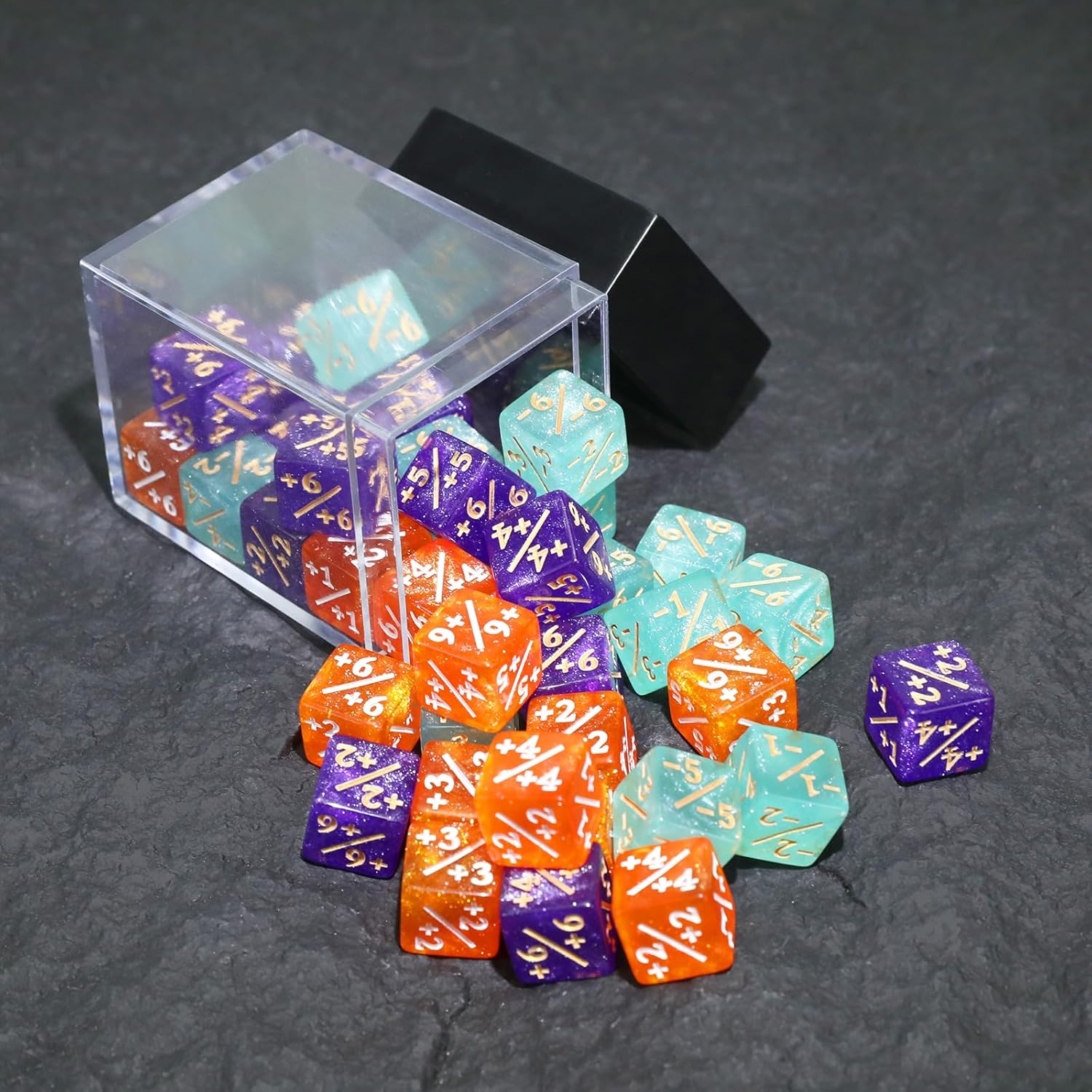 SIXPOINTS 36Pcs 12mm MTG Counter Dice Plus 1 Life Counters +1/+1 Tokens 3 Color 6 Sided Dice Set with Case for Magic The Gathering, MTG, TCG, Card Games Accessories (MTG 12mm +/- Dice Counters#B)