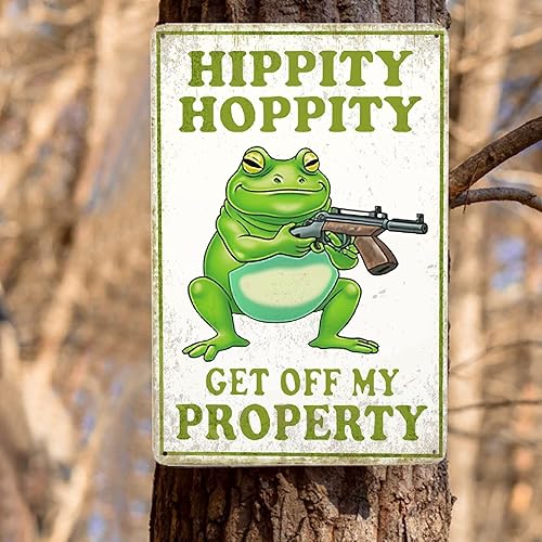 Miniatura 8 de Letrero de metal vintage con diseño de rana con texto en inglés "Hippity Get Off My Properity", letrero de advertencia de aluminio retro para