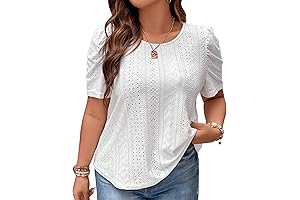 2024 Plus Size White Tops Womens Eyelet Embroidery Puff Sleeve Tee