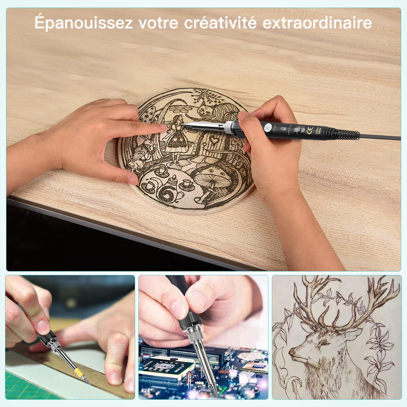 Pyrograveur sur bois, Set Pyrogravure 54-en-1, 60W, Température 220-480°C – Pyrograveur enfant et adulte, pour Bois, Cuir, Pirogravure pour adulte bois – Idéal pour débutants