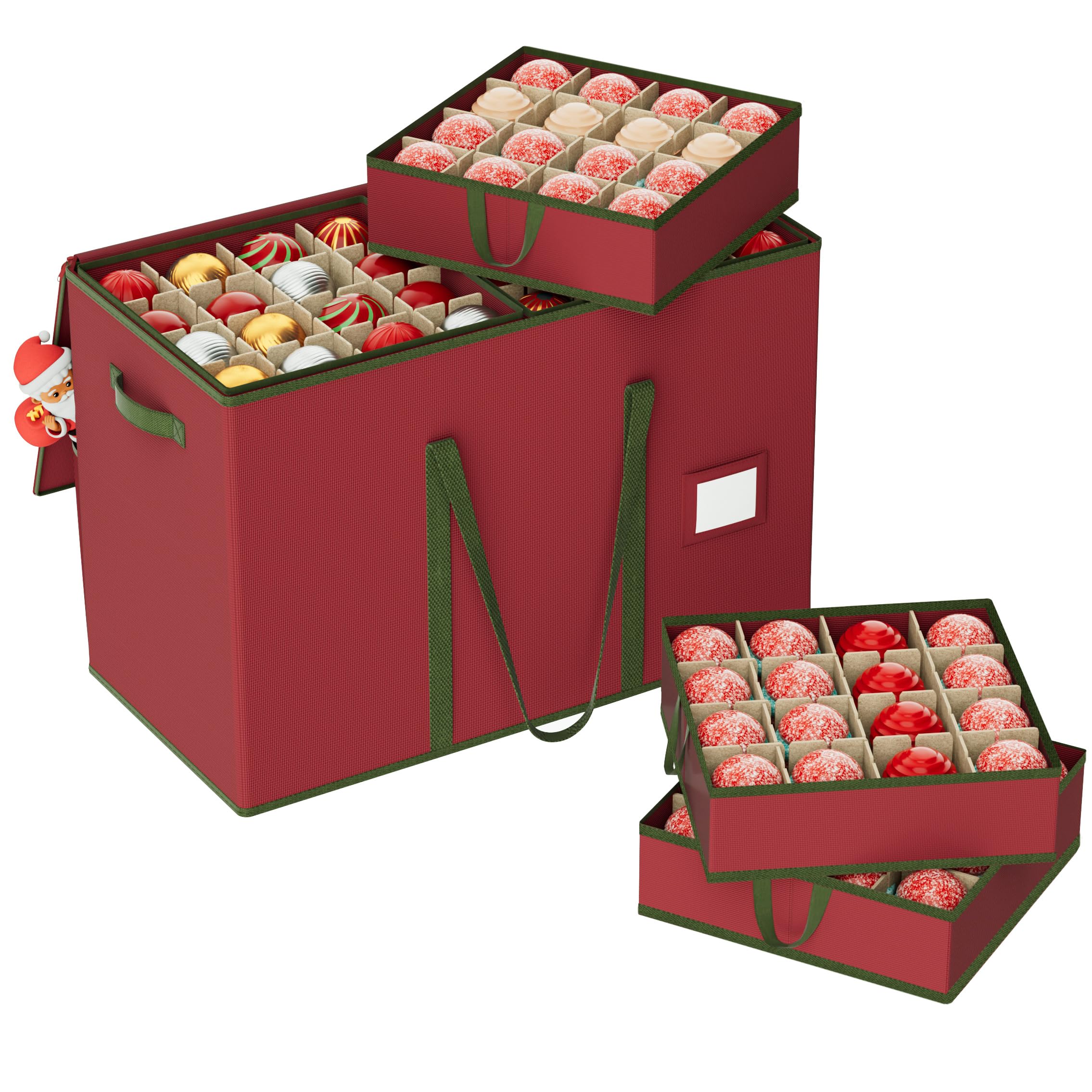 160 Large Christmas Ornament Storage Box, Dual Zippers, Stackable Christmas Storage Container with Lid, 6 Trays, 600D Oxford, Fits 160-3”, Red
