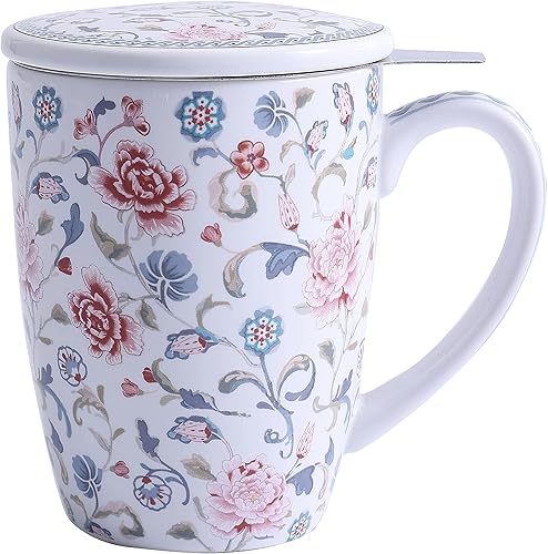 Bico Peony Garden - Taza de té de porcelana de 12 onzas con infusor y tapa, apta para microondas y lavavajillas