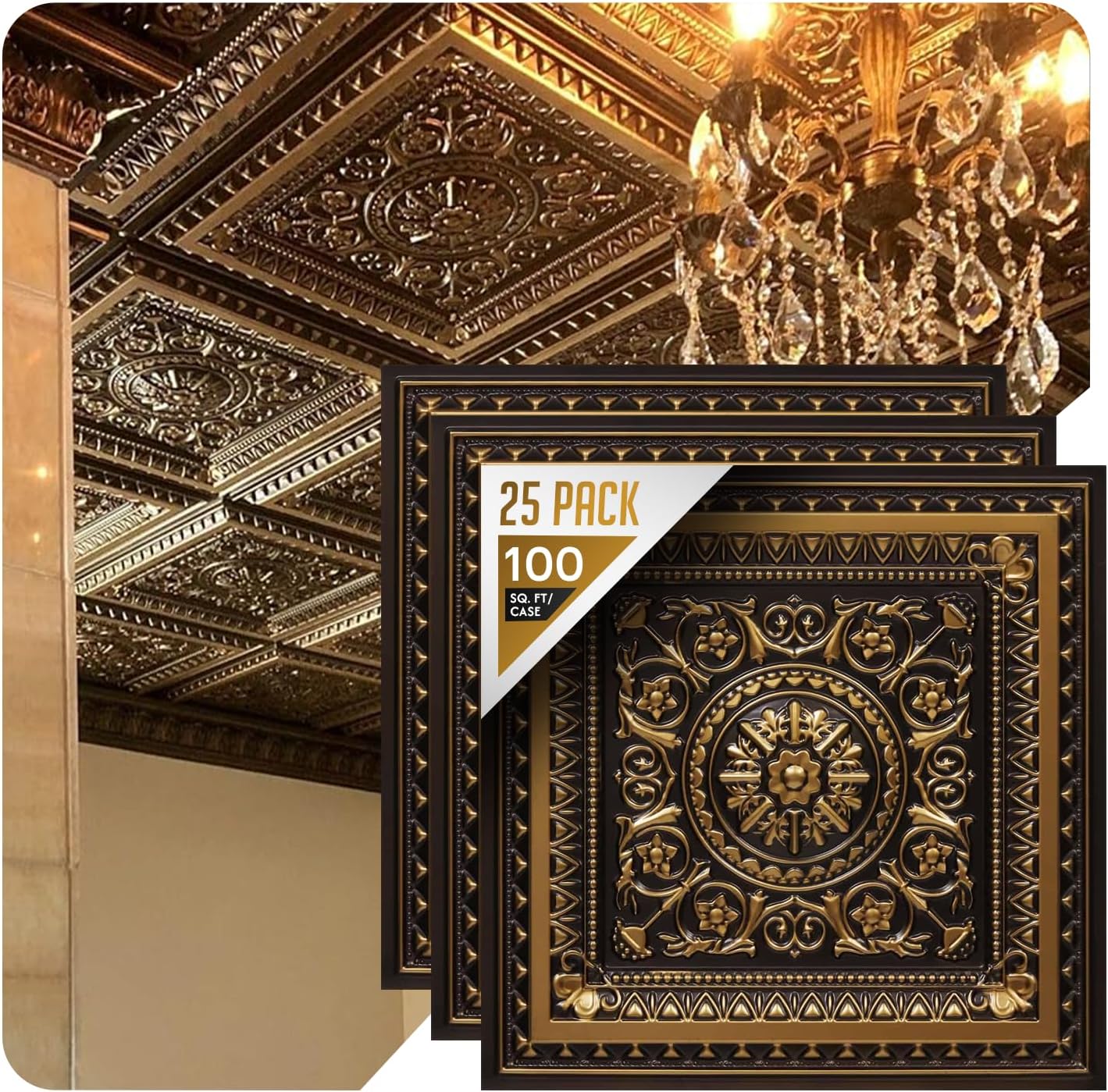 From Plain To Beautiful In Hours 223 La Scala PVC 2' x 2' Lay-in or Glue-up Ceiling Tile (Covers / 100 sq.ft), Antique Gold, 25 Piece