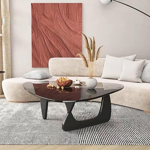 Miniatura 152 de Pequeña mesa auxiliar ovalada de cristal, mesa moderna triangular para sala de estar, centro negro, base de madera maciza y parte superior