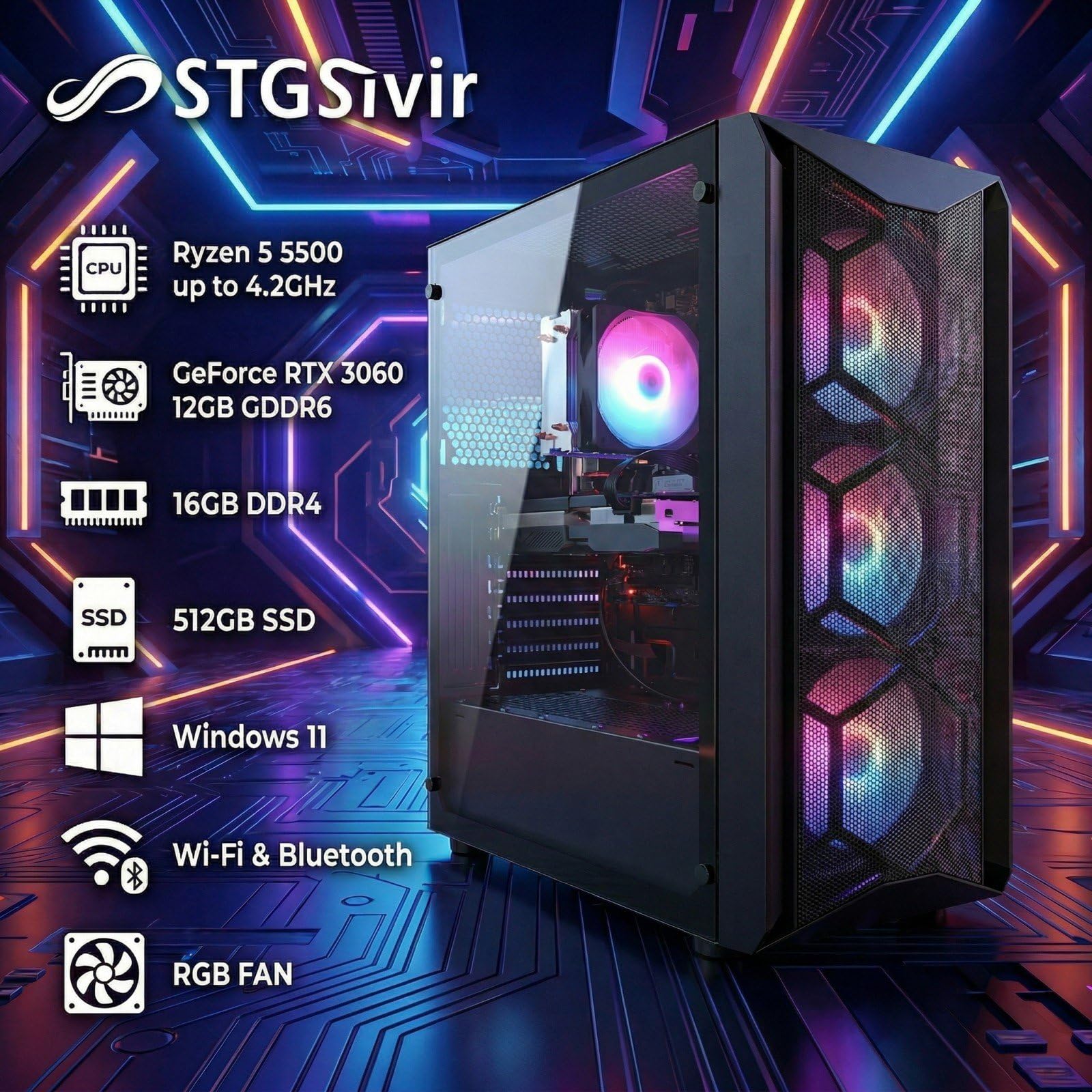 STGsivir Gaming PC, Gaming Computer Desktop Tower, GeForce RTX 3060 12GB GDDR6, Ryzen 5 5500 up to 4.2GHz,16GB RAM DDR4, 512GB SSD, WIFI 6, BT 5.0, RGB Fan x3, Windows11 PRO — view 2