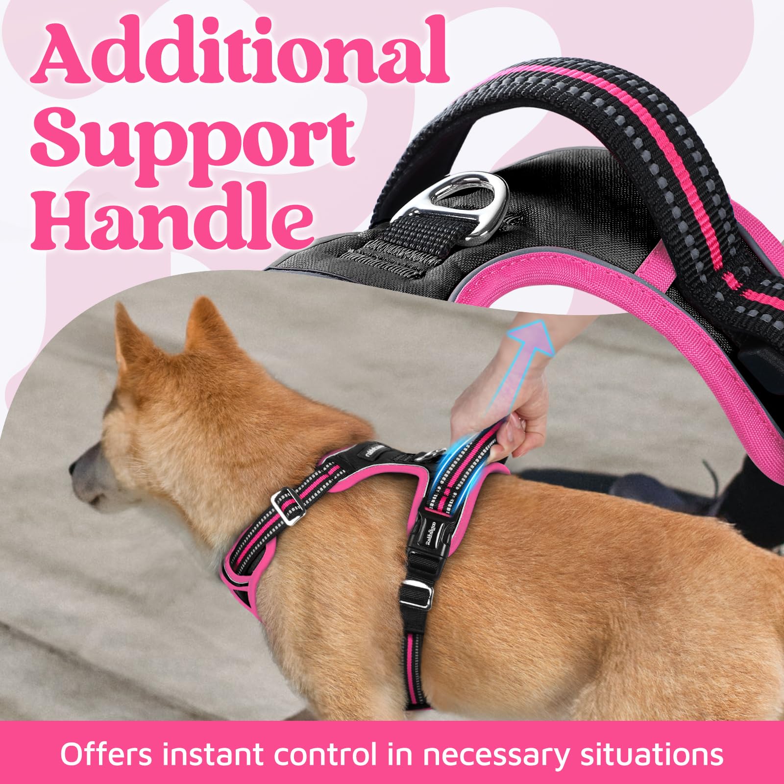 rabbitgoo Harnais pour chien de grande taille, anti-traction, 3 boucles, facile à mettre et à enlever | Rembourrage doux, poignée de contrôle, réglable et réfléchissant, noir et rose, taille XL