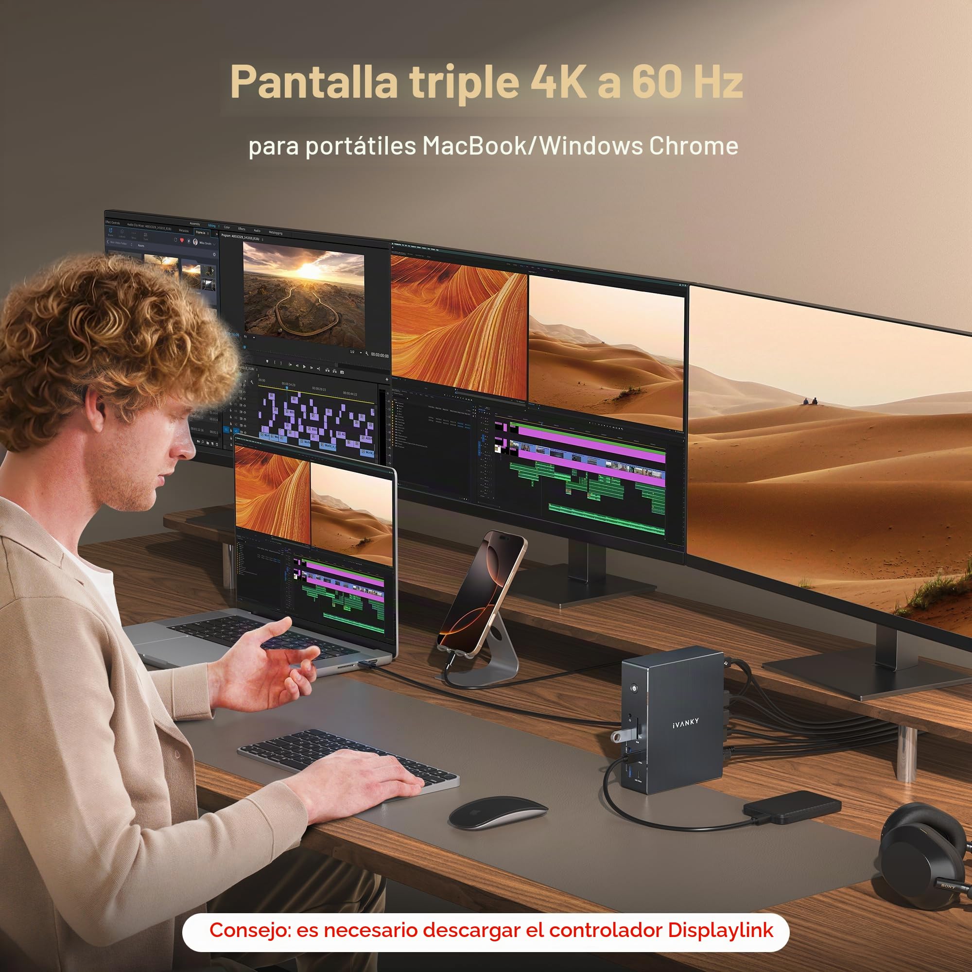 iVANKY 20 en 1 FusionDock Pro 2 DisplayLink con Adaptador 180W USB C | Triple pantalla 4K@60Hz, 2.5GbE, HDMI, DP, 10Gbps, compatible Mac M1-M4 Pro MAX Air