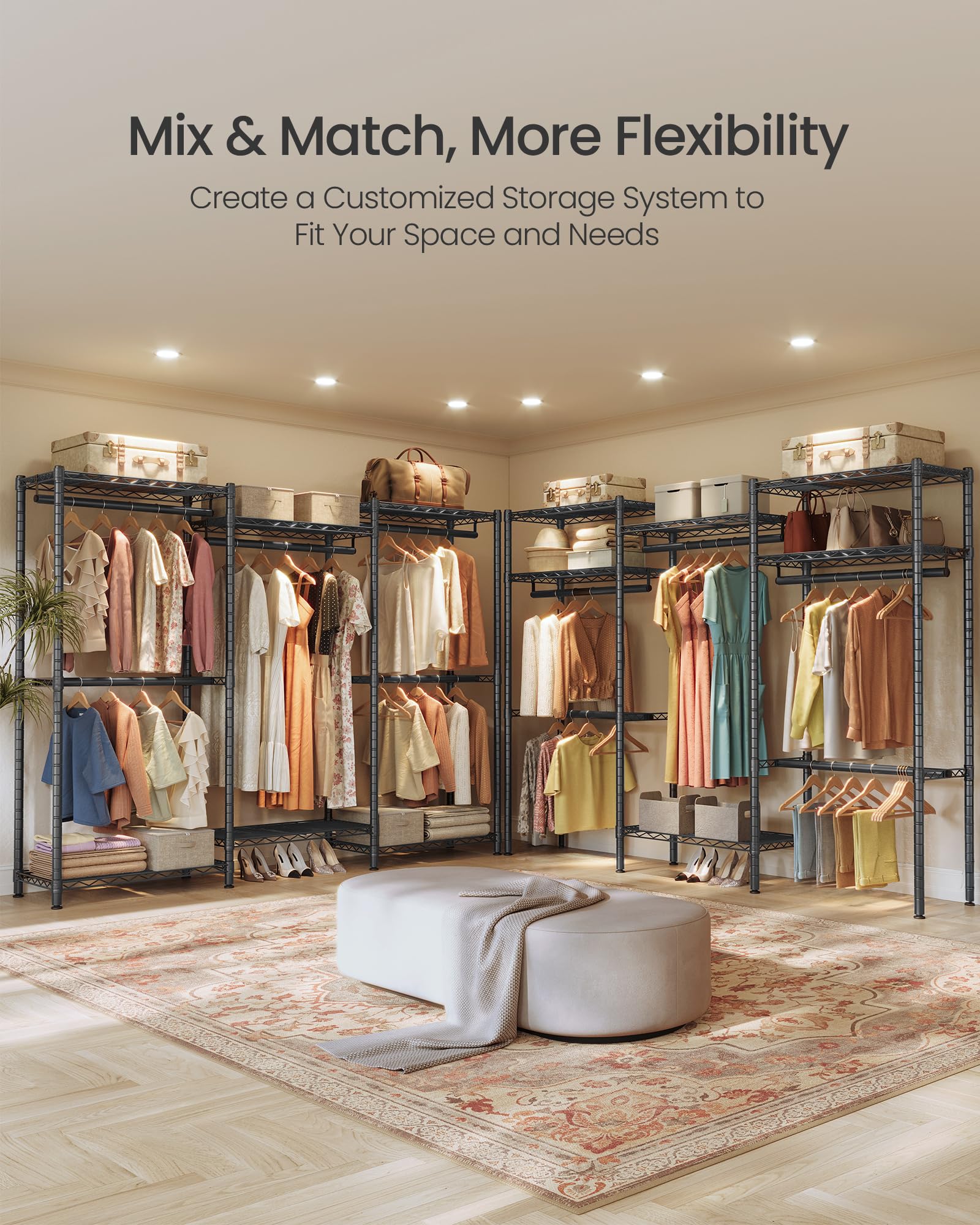 SONGMICS Robuster Kleiderständer, tragbarer Schrank, 170 cm breit, mit verstellbaren Netzablagen und Kleiderstangen, Tintenschwarz ULGR433B01