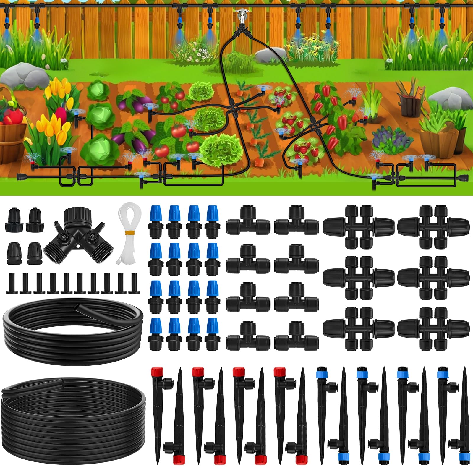 200FT Quick-Connect Tropfbewässerungssystem, automatisches Bewässerungs-Set mit 1 cm und 160 FT 0,6 cm Schlauch und verstellbaren Tropfstrahlern, Gartenbewässerungssystem für Rasen, Blumenbeet