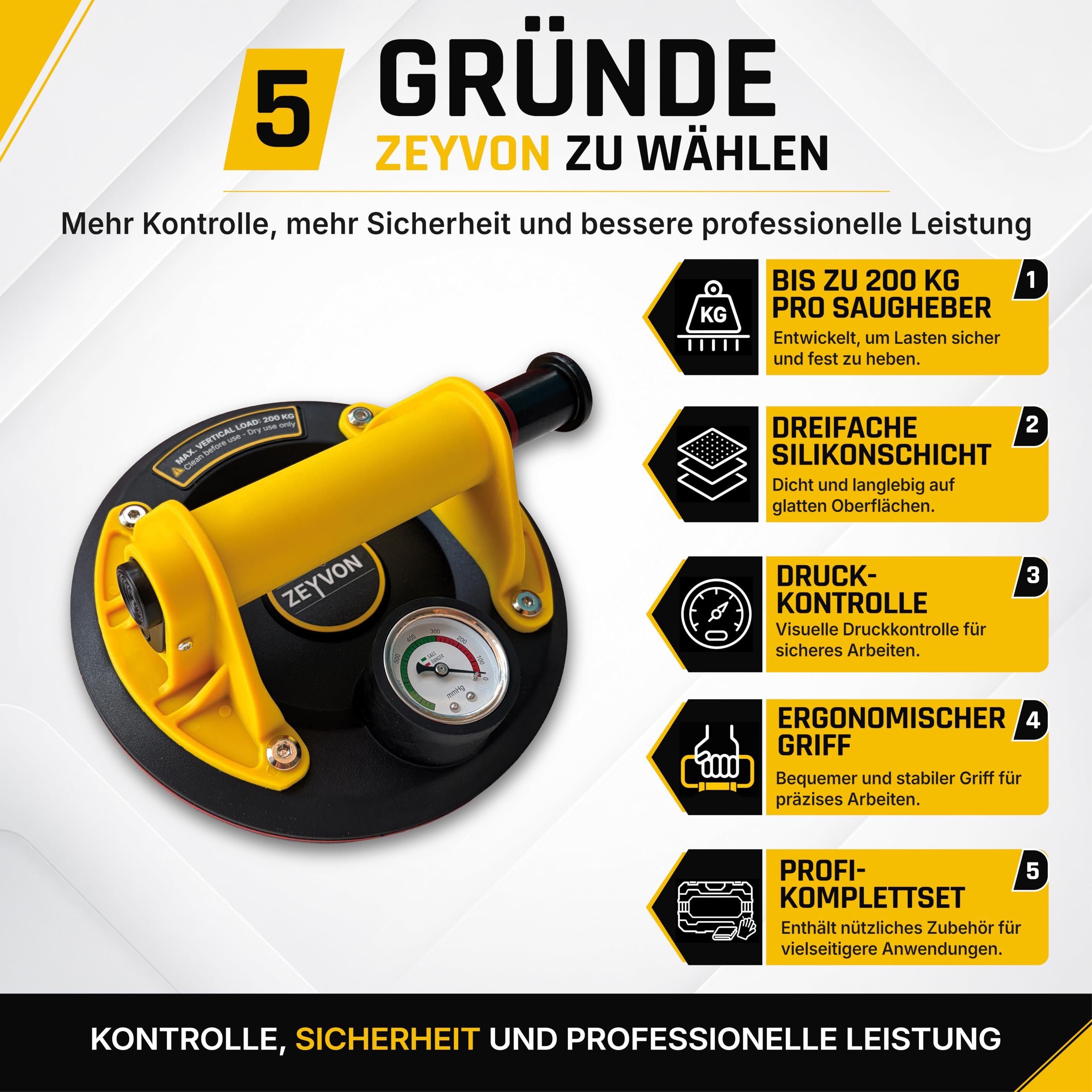2er Set Vakuum-Saugheber 200 mm mit Manometer – 200 kg je Saugheber – Professioneller Glassauger & Fliesenheber mit Koffer und Zubehör – für Glas, Fliesen, Marmor und glatte Platten