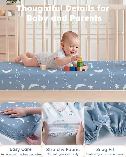Nyessmee Baby Crib Sheets for Boys and Girls, Fitted Crib Sheets 52" x 28", Soft Breathable Microfiber Sheets for Standard Crib and Toddler Mattress, 2-Pack Blue Rocket - 5