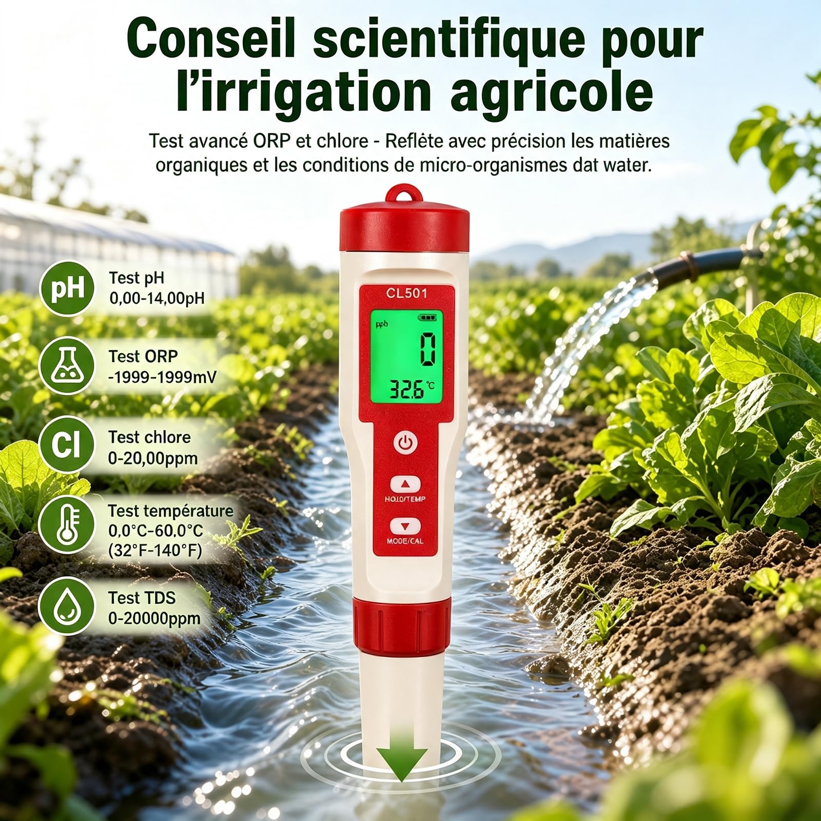 Testeur de pH et de chlore de piscine, testeur de pH numérique 5 en 1, pH chlore ORP H2 mesurable, testeur d'eau pour piscines, hydroponiques, aquariums, eau potable