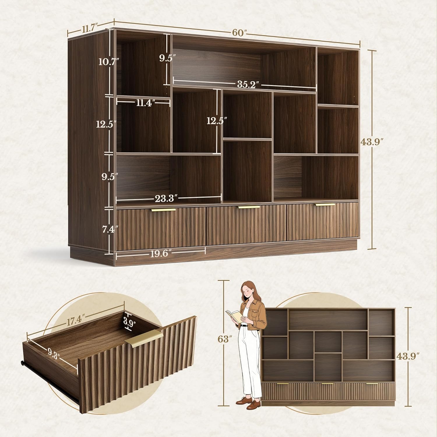 Home Office Furniture Set, 67'' Standing Desk with 44'' Bookshelf, Electric Height Adjustable Desk with 2 File Cabinet, AC/USB and Bookcase with 3 Drawers, Fluted Style Black Walnut