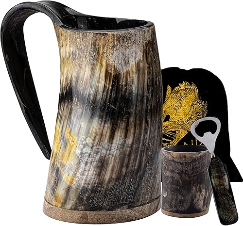 Miniatura 7 de FENRIR Taza de cuerno de buey vikingo prémium para cerveza y aguamiel, cerveza y bebida fría, con acabado brillante, con vidrio corto y abridor de