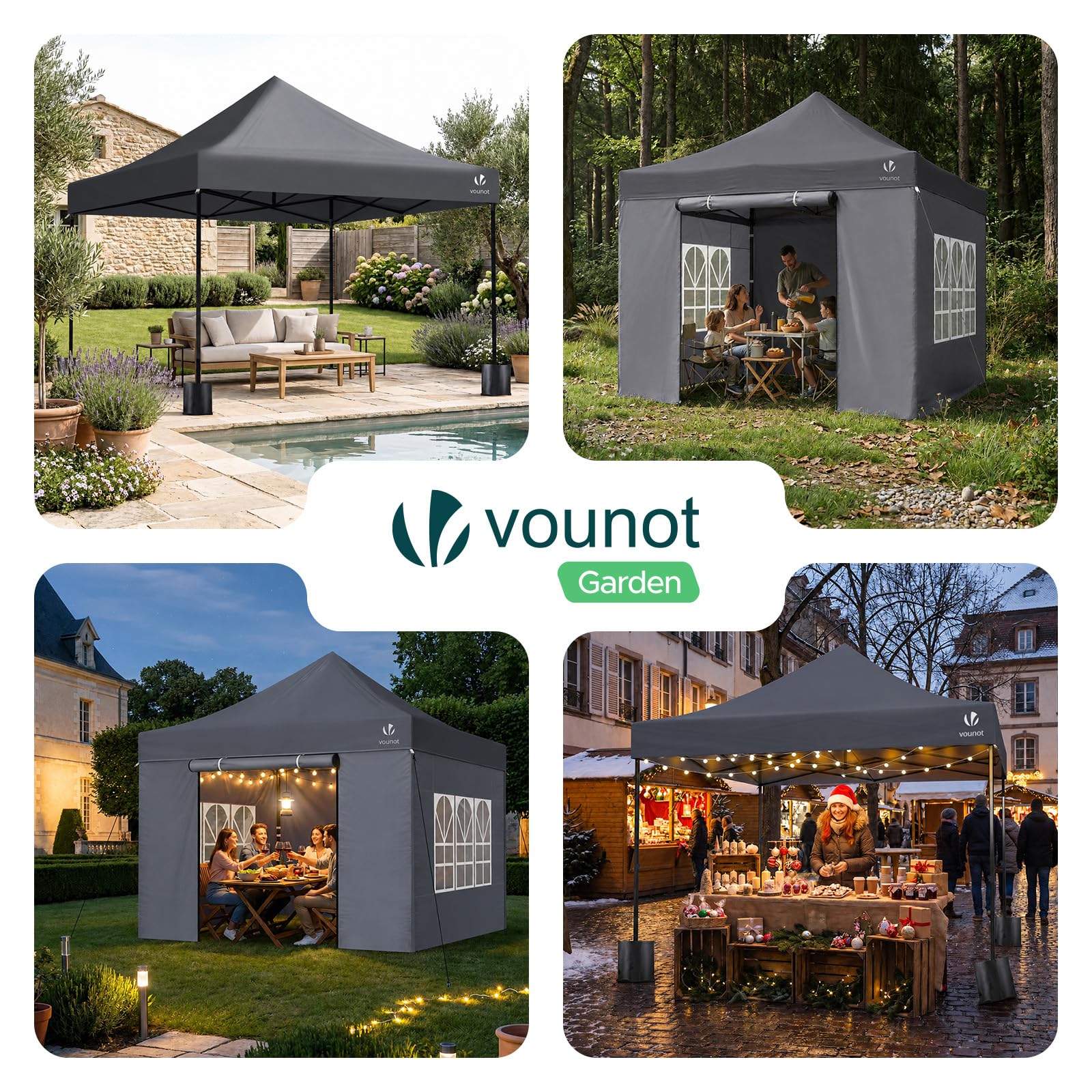 VOUNOT® Tonnelle de Jardin Renforcée 3 x 3 m Pliante avec 4 Parois Latérales et Fenêtres Barnum Robuste Sac de Transport à roulettes et Sacs de Sable Tente pour Jardin Terrasse Camping Festival Gris