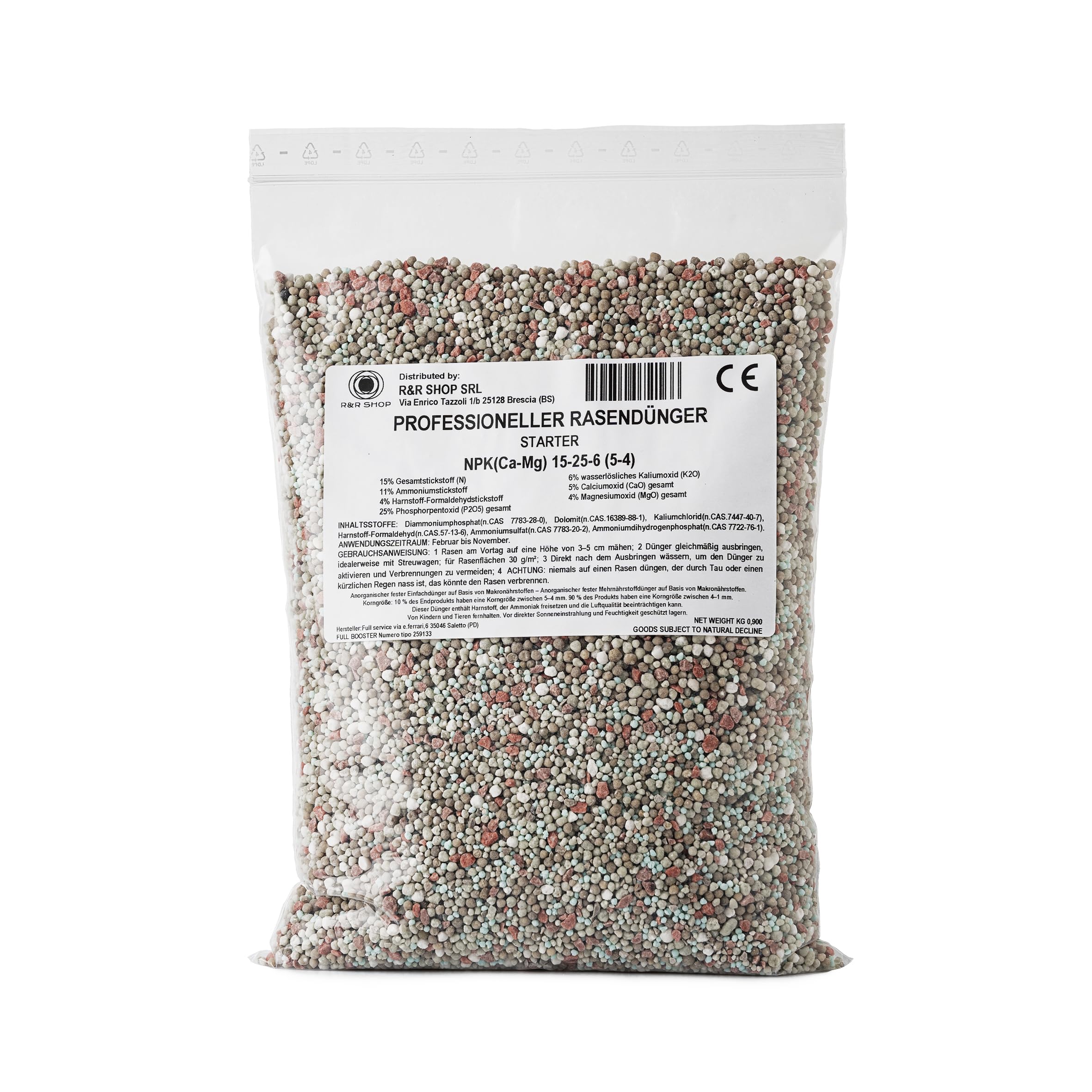 R&R SHOP - Professioneller Starter-Dünger CE für Rasen, NPK 15-25-6, Sofortwirkung, Schnelle Wurzelbildung und Gleichmäßiges Wachstum (18Kg - 600mq)