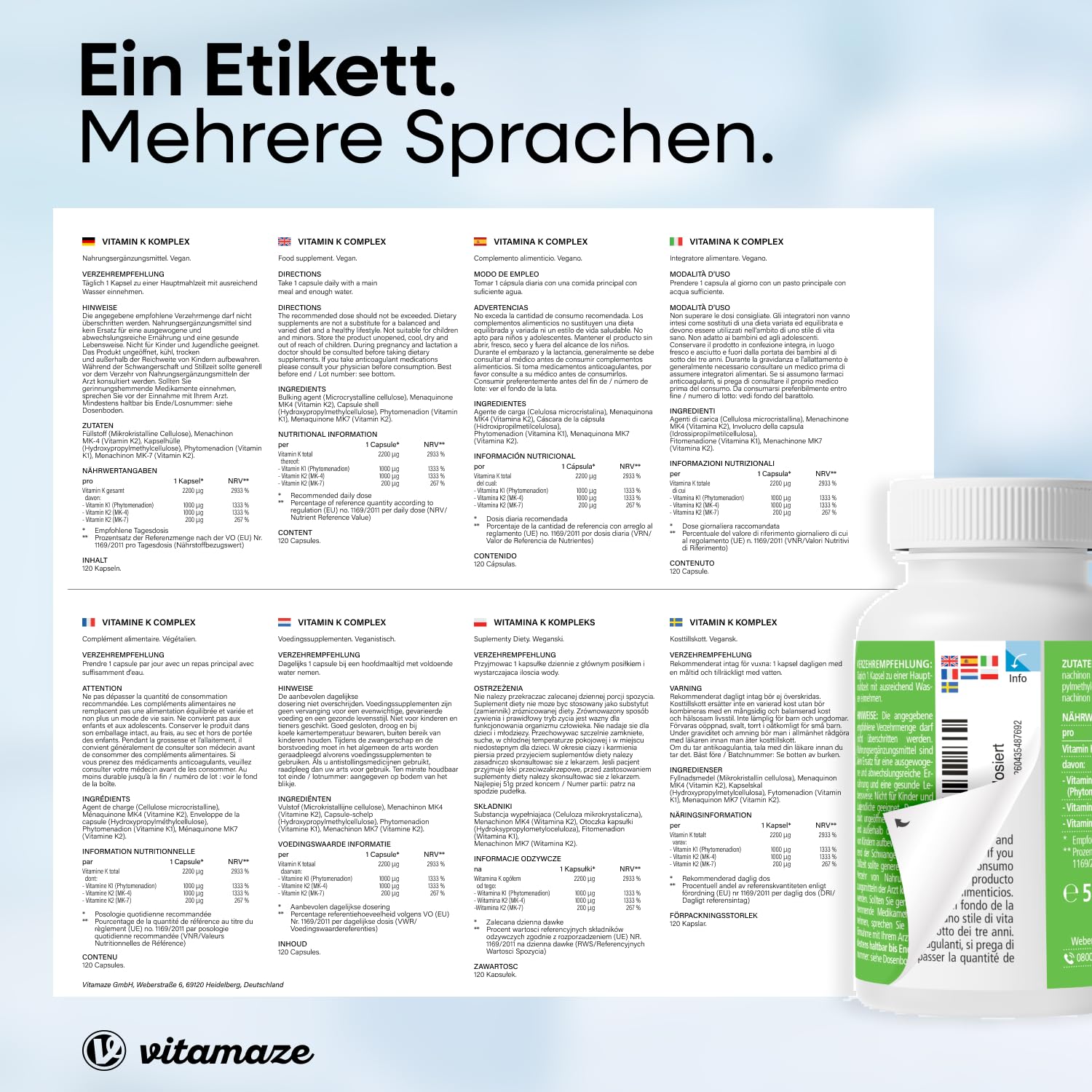 Vitamin K Komplex hochdosiert & vegan, K1 1.000 mcg + K2 Menaquinon (1.000 mcg MK4 + 200 mcg MK7), 120 Kapseln für 4 Monate, beste Bioverfügbarkeit, Made in Germany