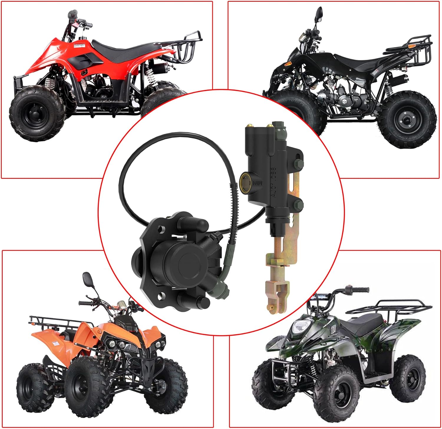 RUTU Rear Foot Brake Master Cylinder & Rear Disc Brake Caliper Assembly Replacement for 50cc, 70cc, 90cc, 110cc, 125cc Rear Brake Chinese ATV parts Quad Brake Assembly Taotao Boulder B1 Coolster