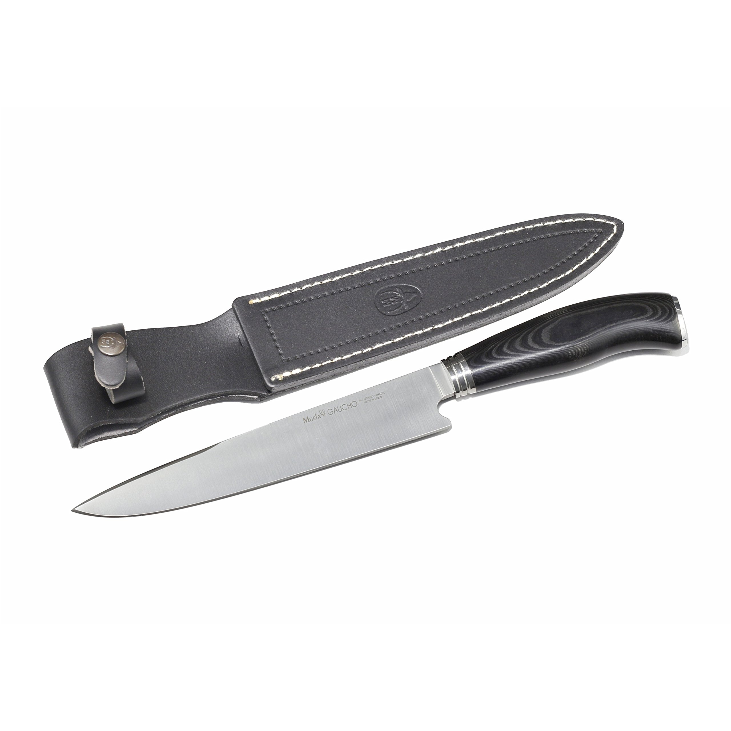 Muela ELECTROPOLIS Cuchillo de Caza Gaucho GAUCHO-20M, tamaño Total 32,5 cm, Mango micarta Negra, pomo y virola de Acero Inoxidable + Tarjeta Multiusos de Regalo